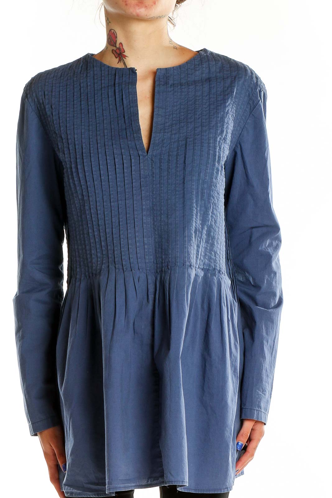 Blue Pleated Long-Sleeve Tunic Top Front