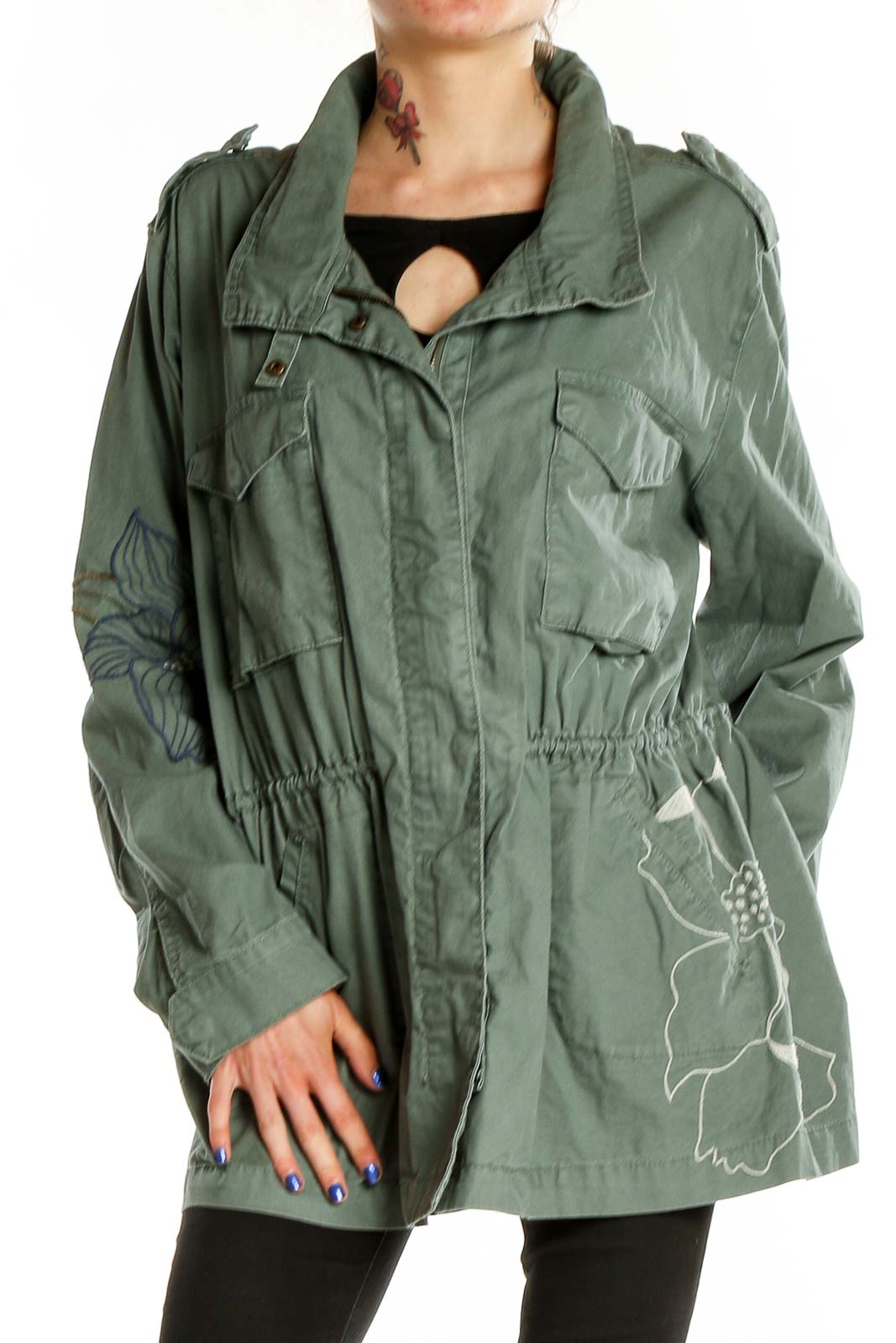 Green Flower Embroidered Military Jacket Front
