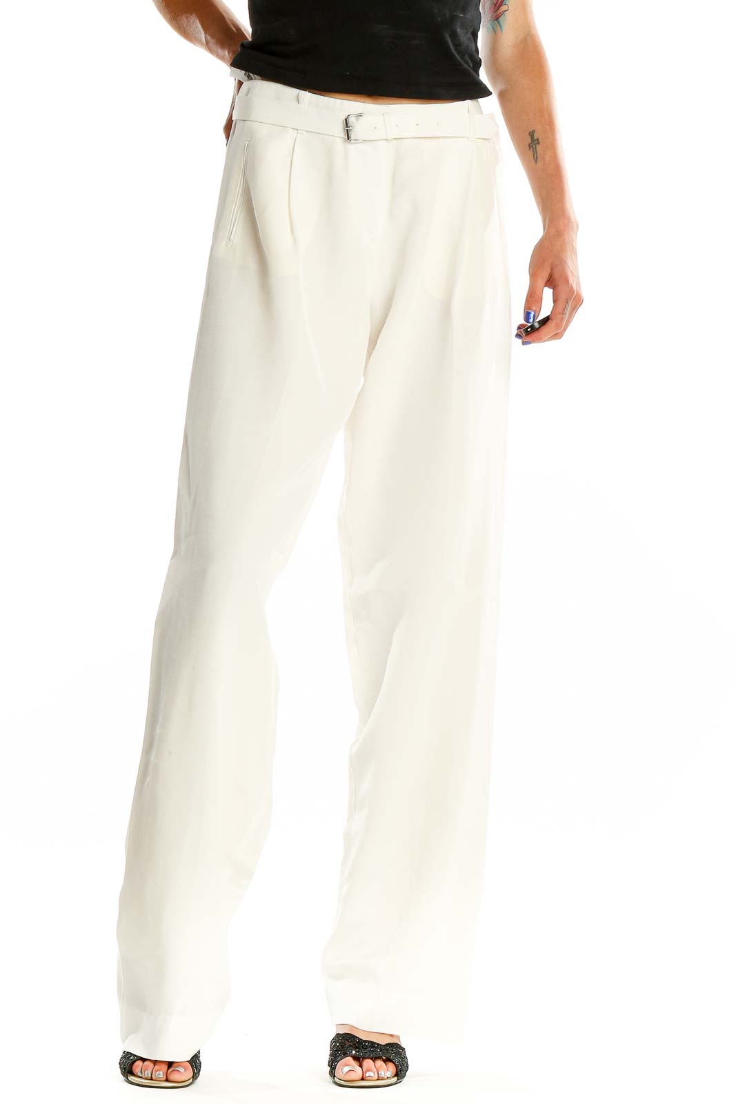 White Chic Straight Leg Trousers Front