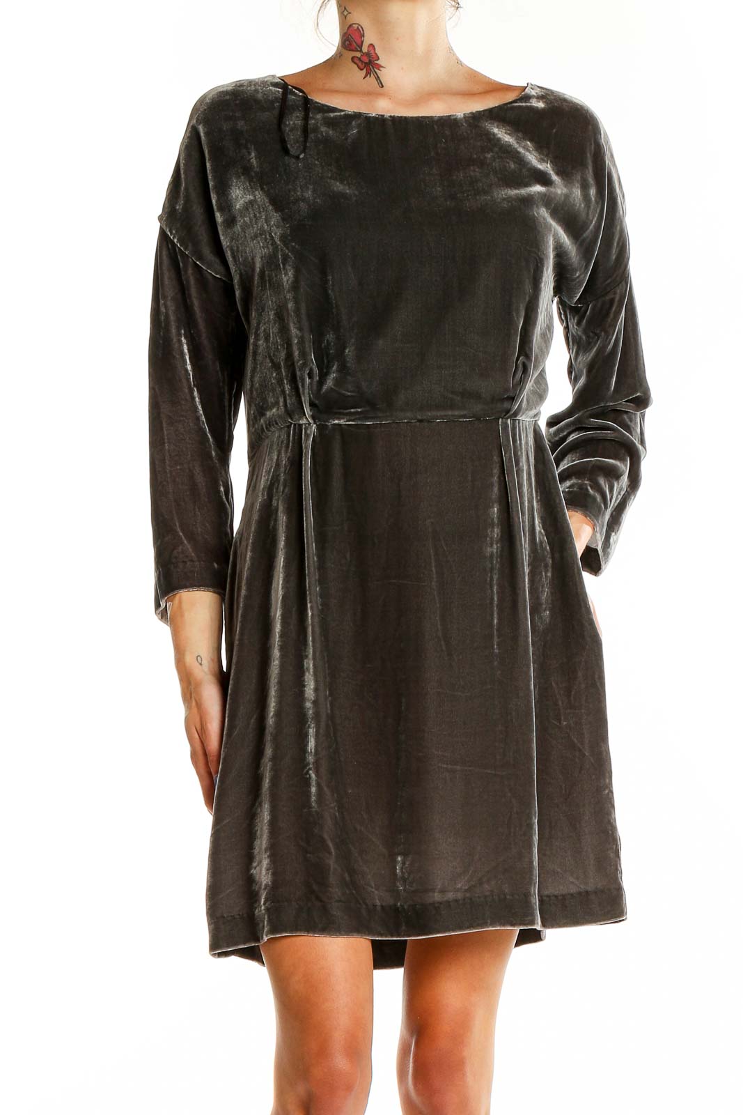 Gray Long Sleeve Velour Mini Dress Front