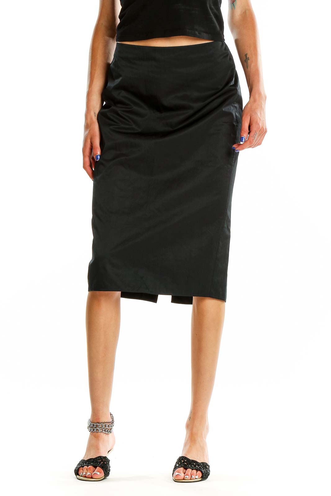 Black Solid Classic Pencil Skirt Front