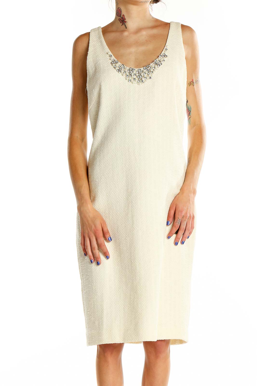White Tweed Bedazzled Sheath Dress Front