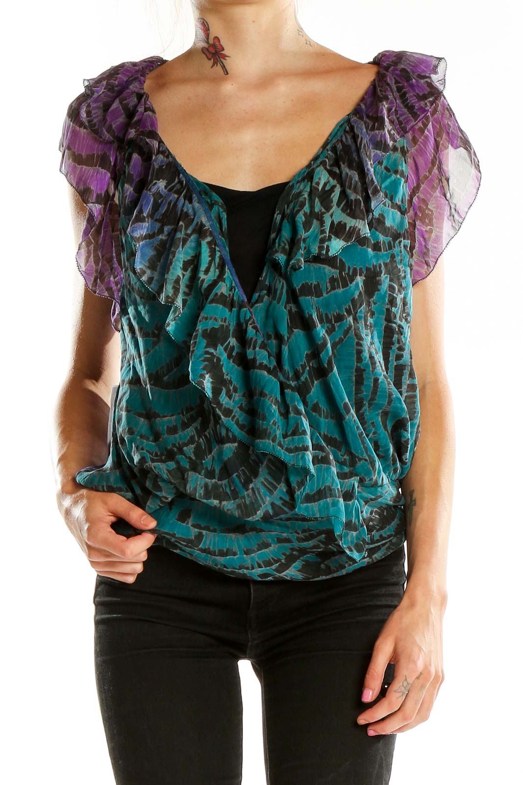 Black Green Printed Silk Blouse Front