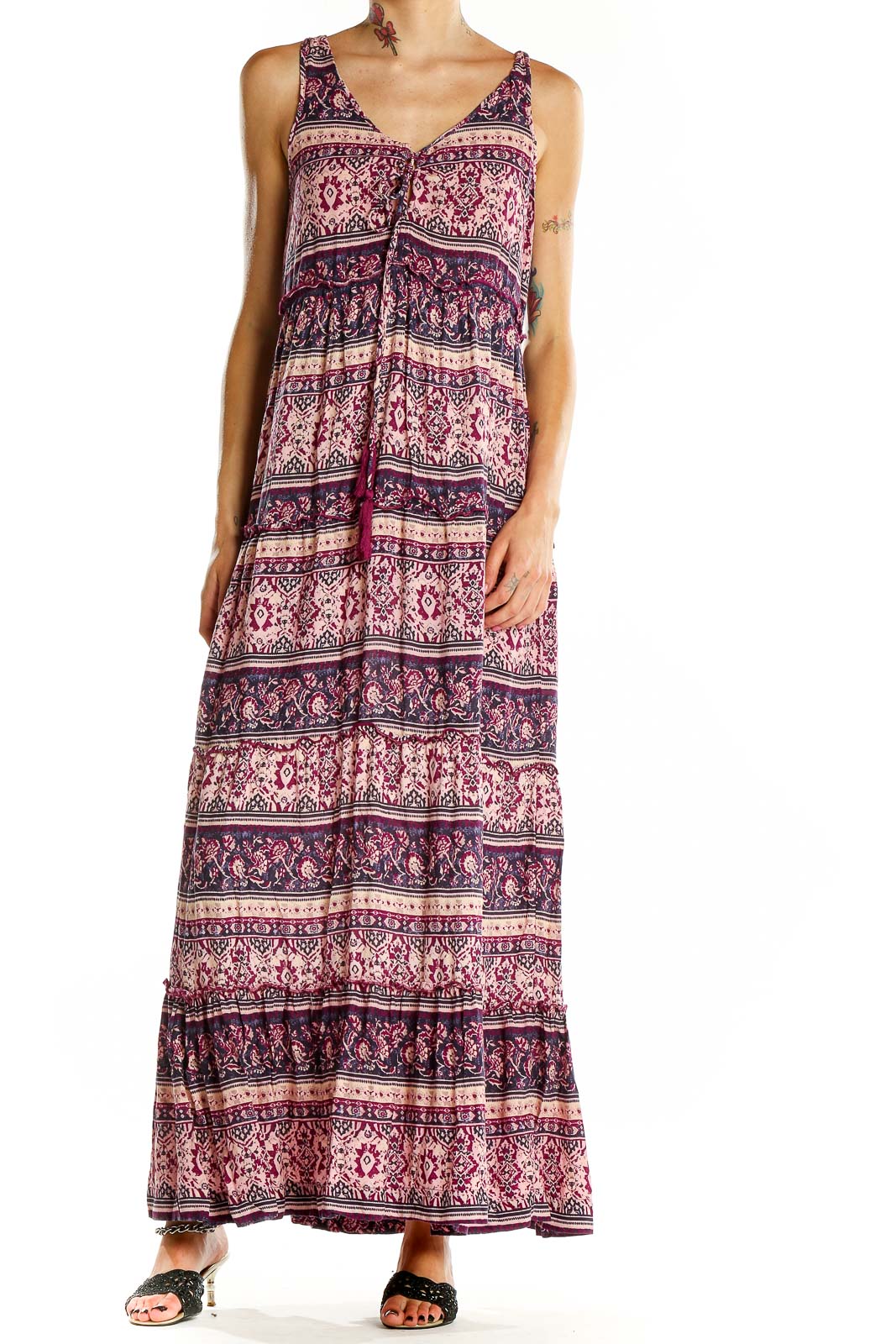 Purple Bohemian Aztec Print Maxi Dress Front