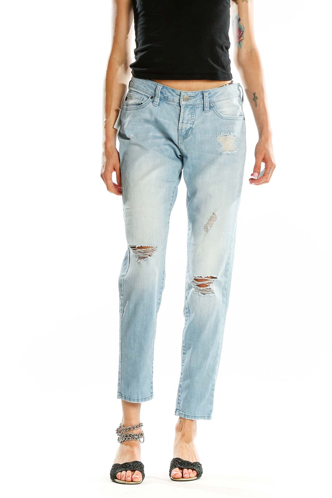 Blue Distressed Ripped Light Rinse Jeans Front