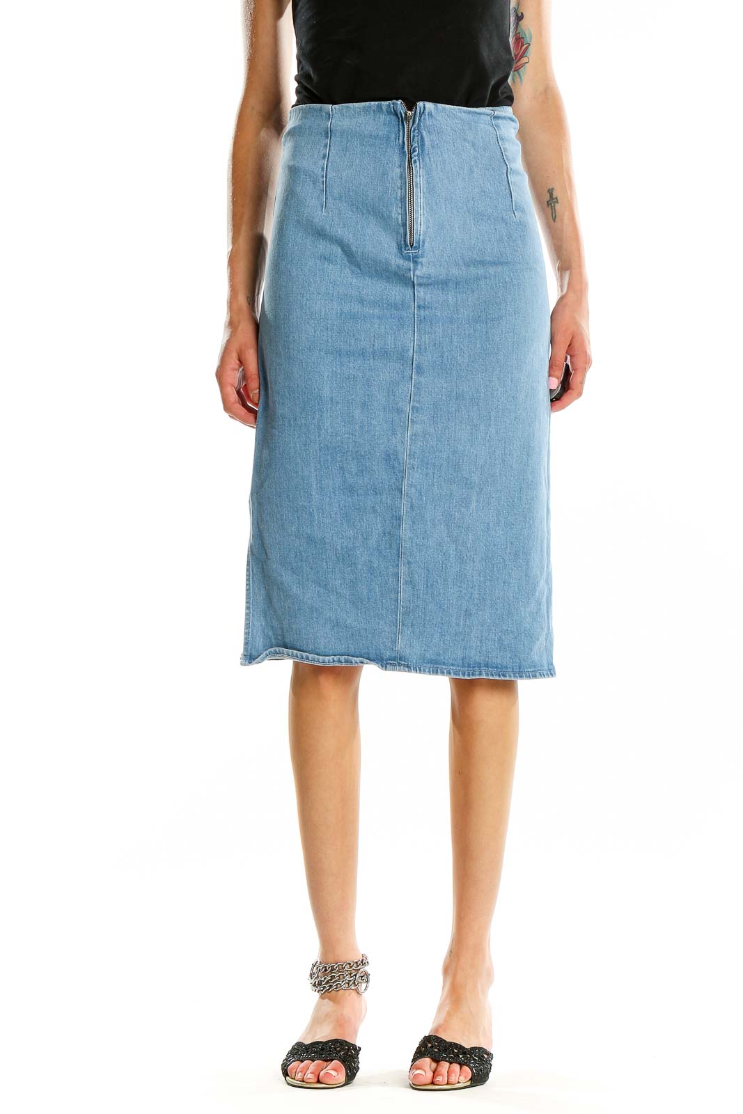 Blue Denim Solid Skirt Front