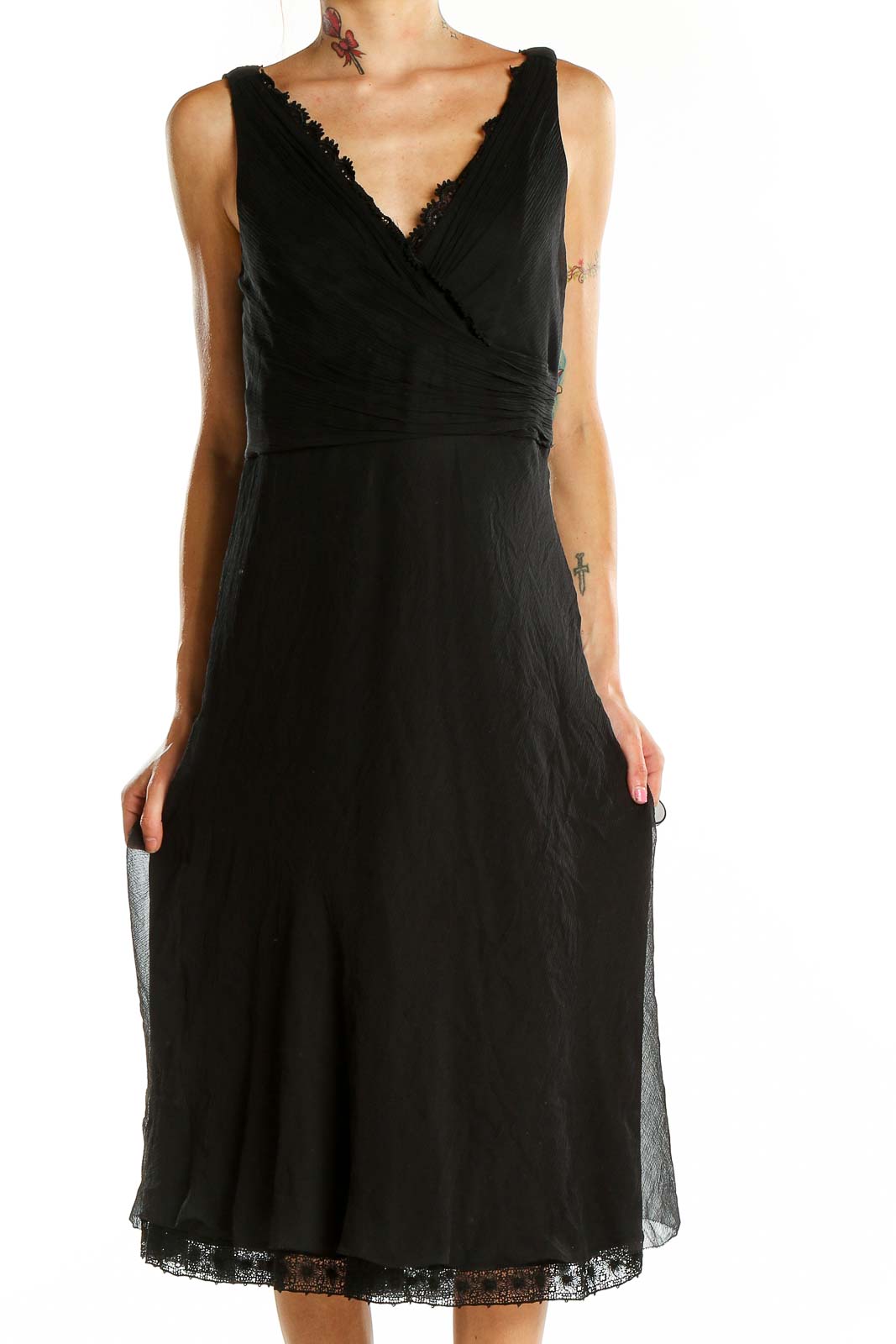 Black Silk Classic Lace Trim Dress Front