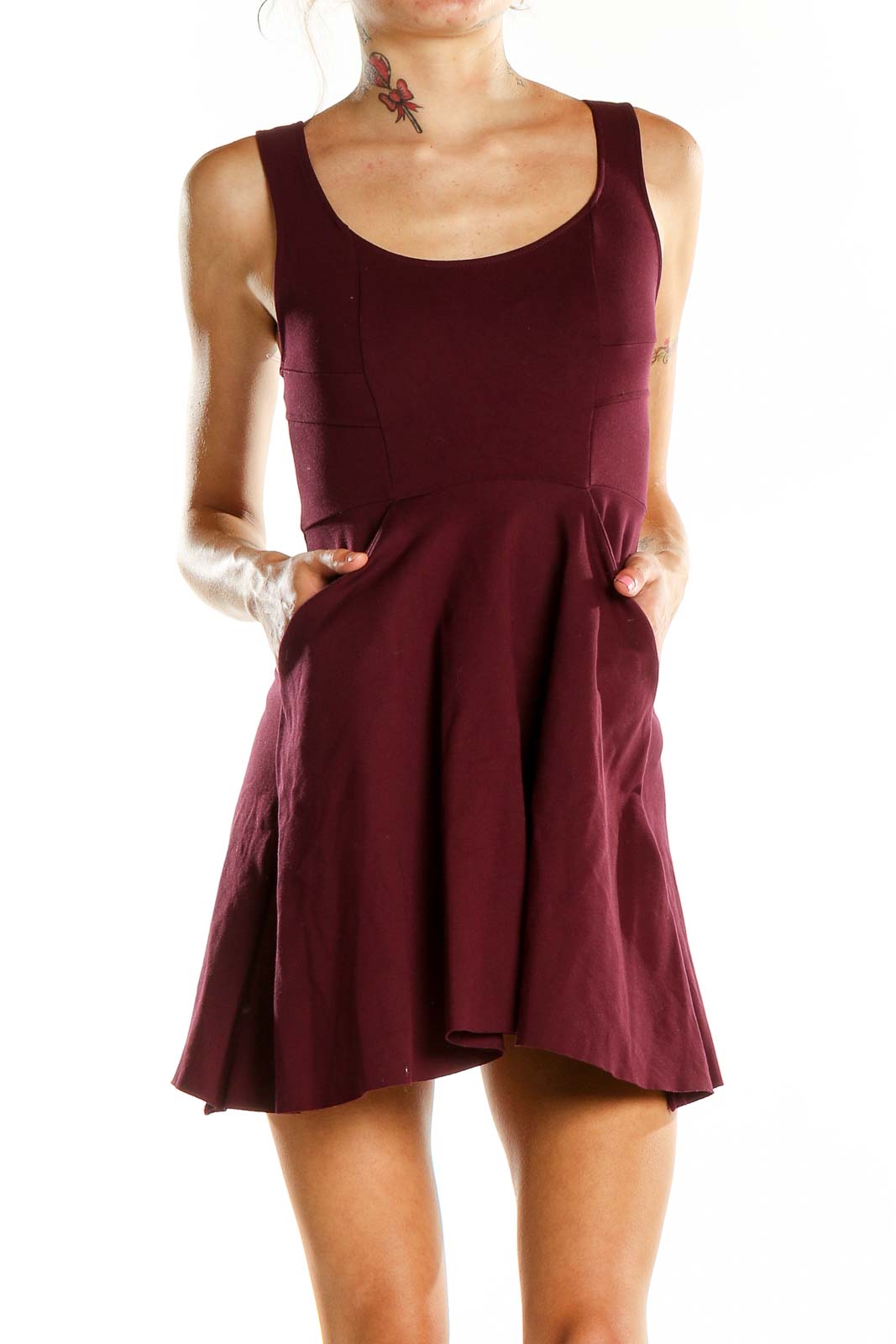Purple Solid Flare Sleeveless Dress Front
