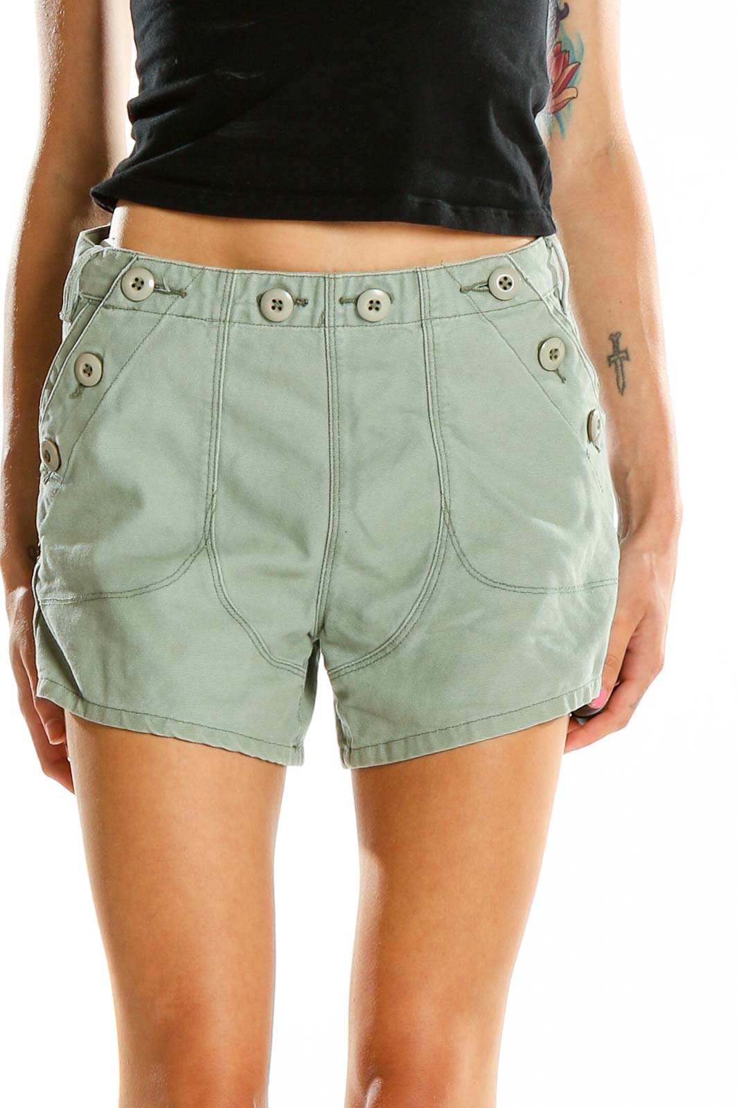 Green Solid Shorts Front