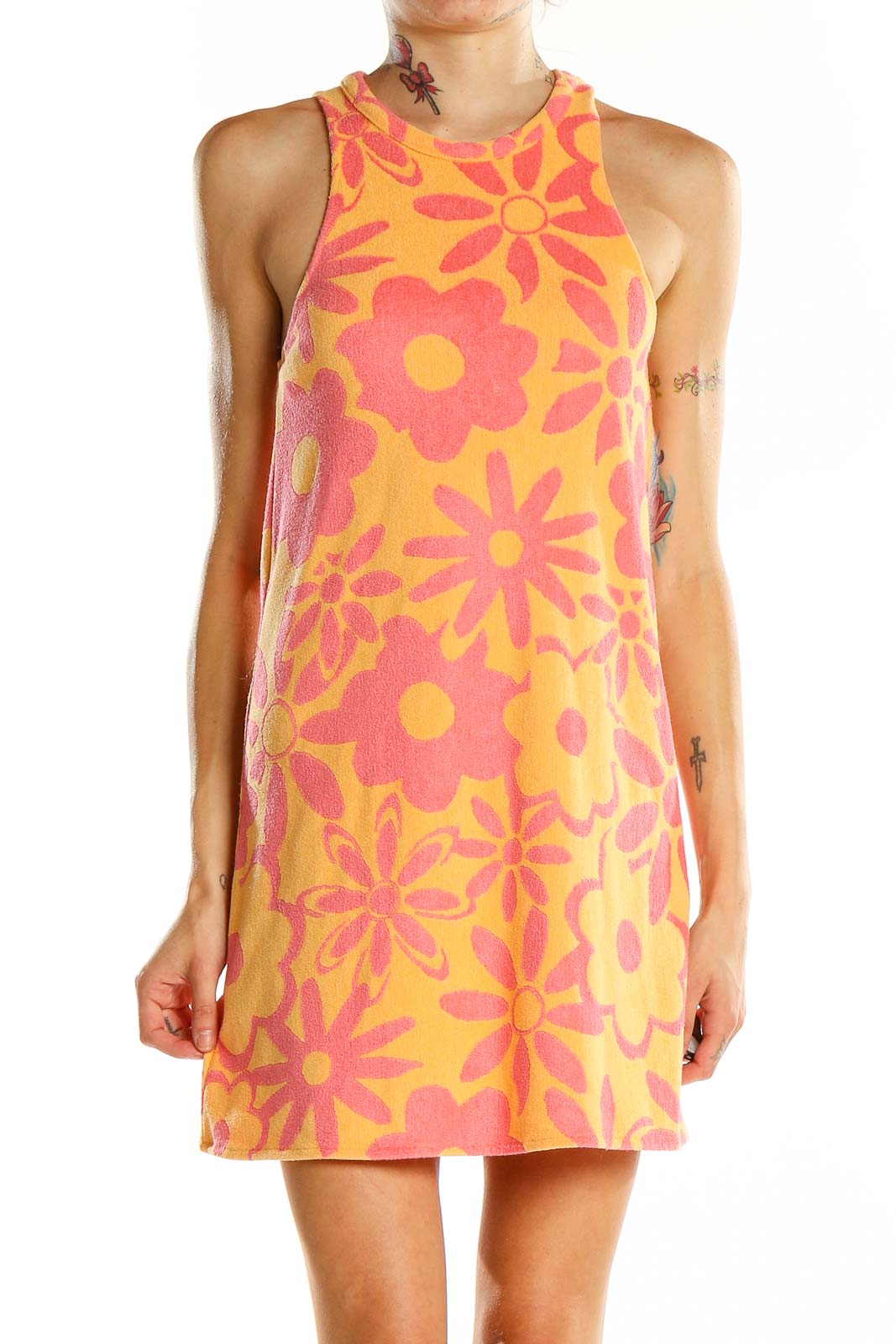 Pink Yellow Floral Print Terrycloth Dress Front