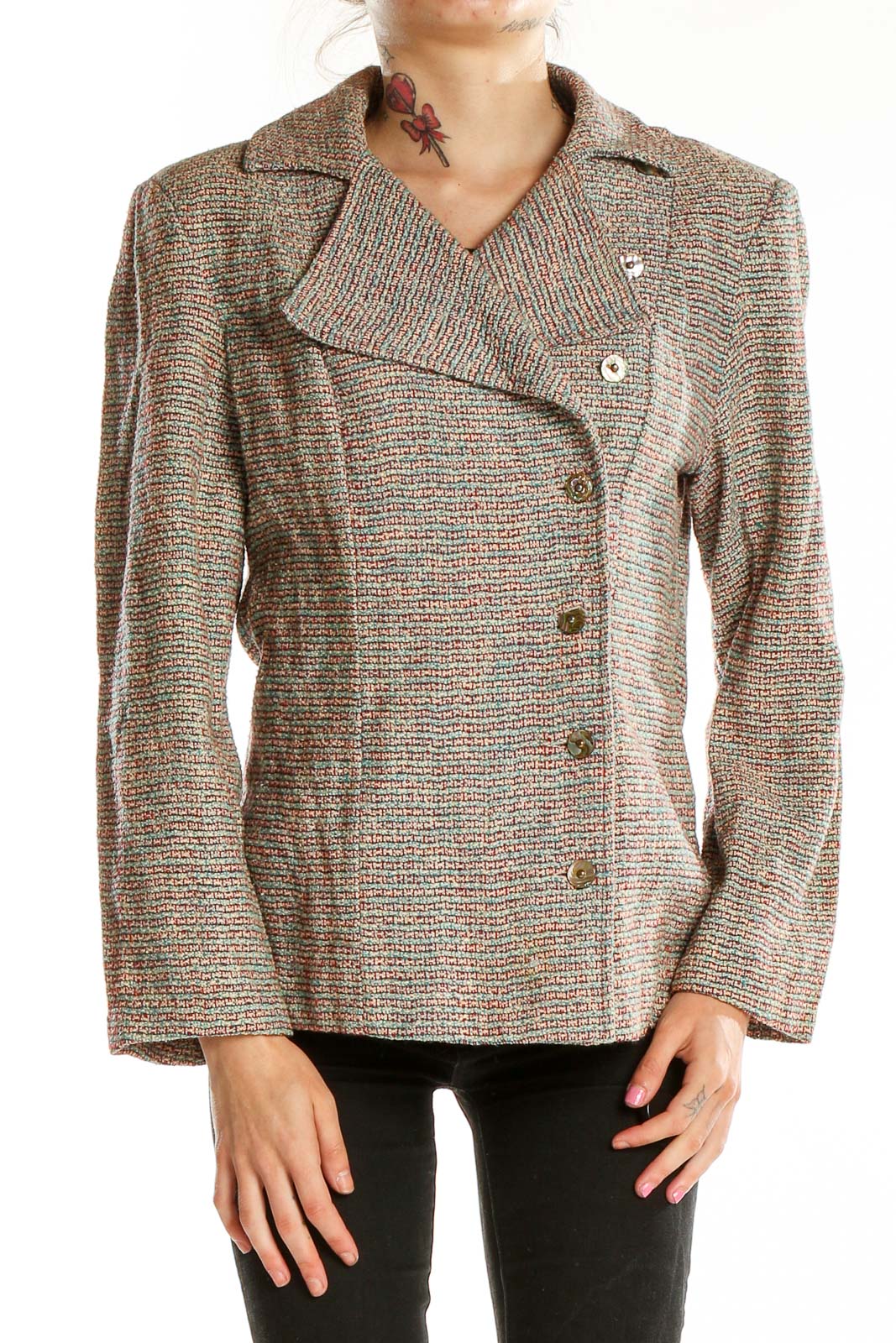 Beige Tweed Notch Lapel Jacket Front