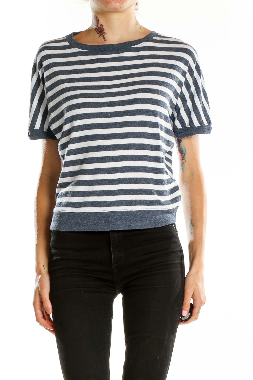 White Grey Shorts Sleeve Striped T-Shirt Front