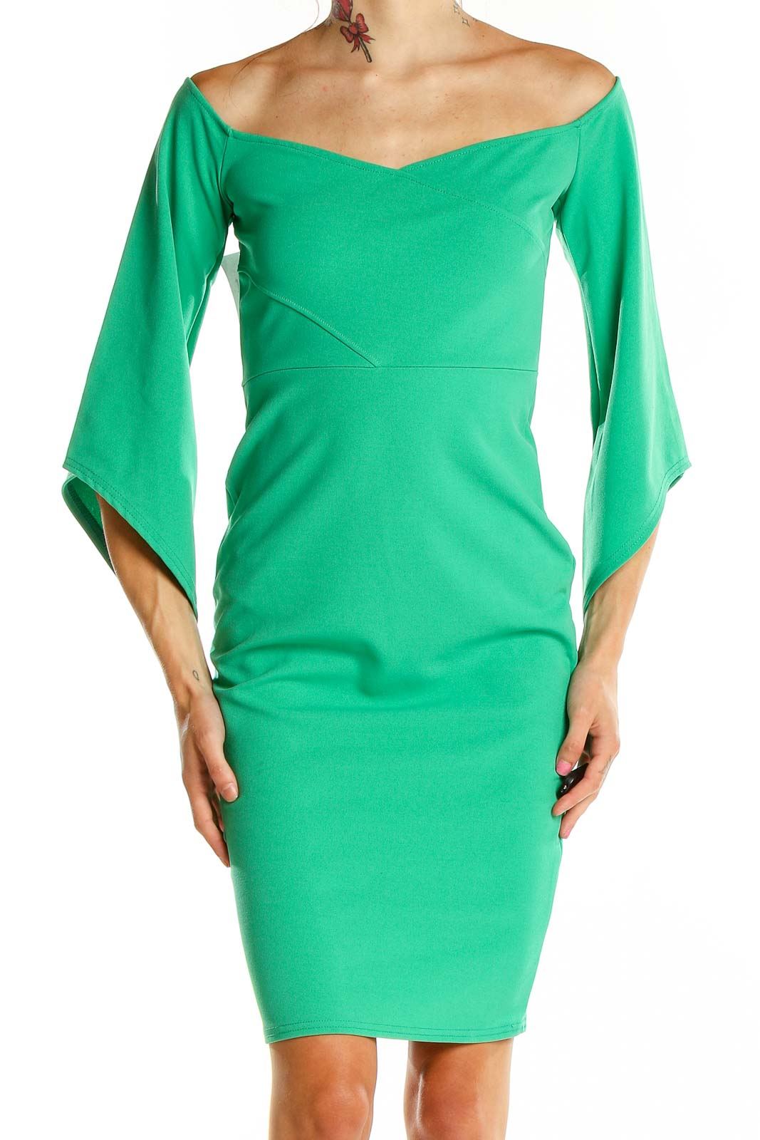 Green Off Shoulder Cocktail Dress Front