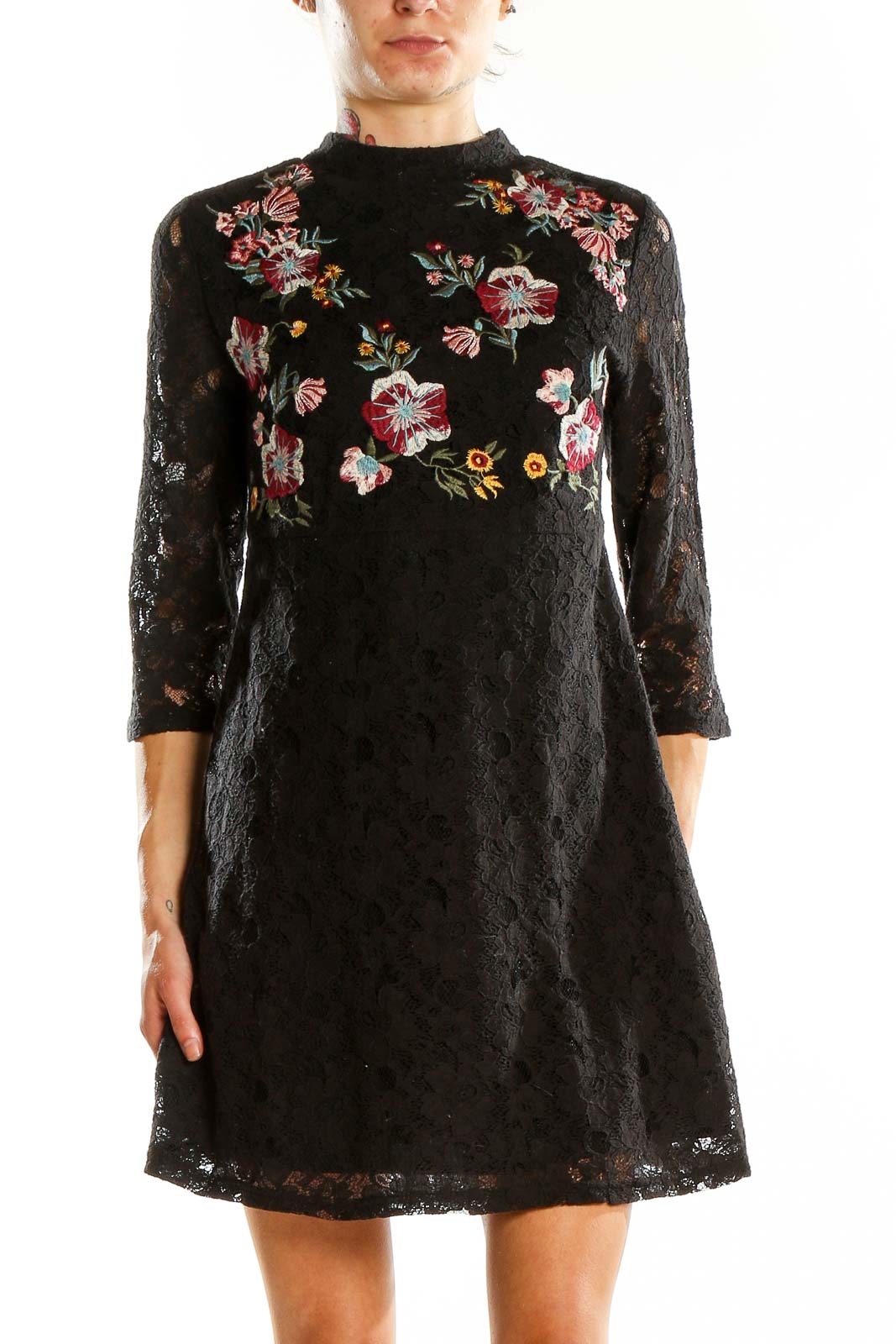 Black Embroidered Floral Lace Mini Dress Front