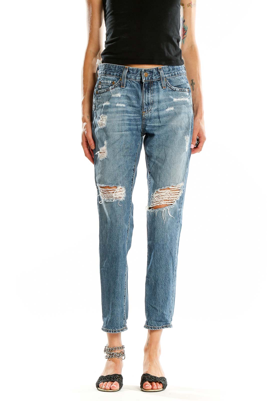 Blue Distressed Ripped  Jeans Front