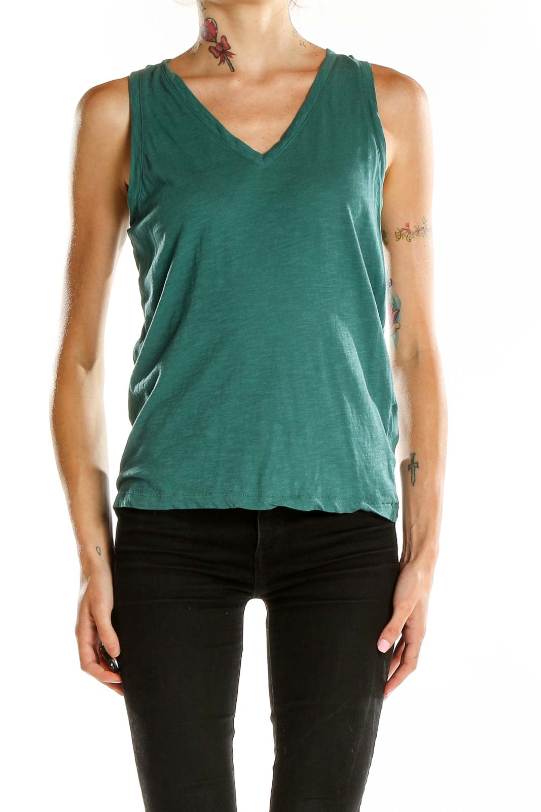 Green V Neck Casual Tank Top Front