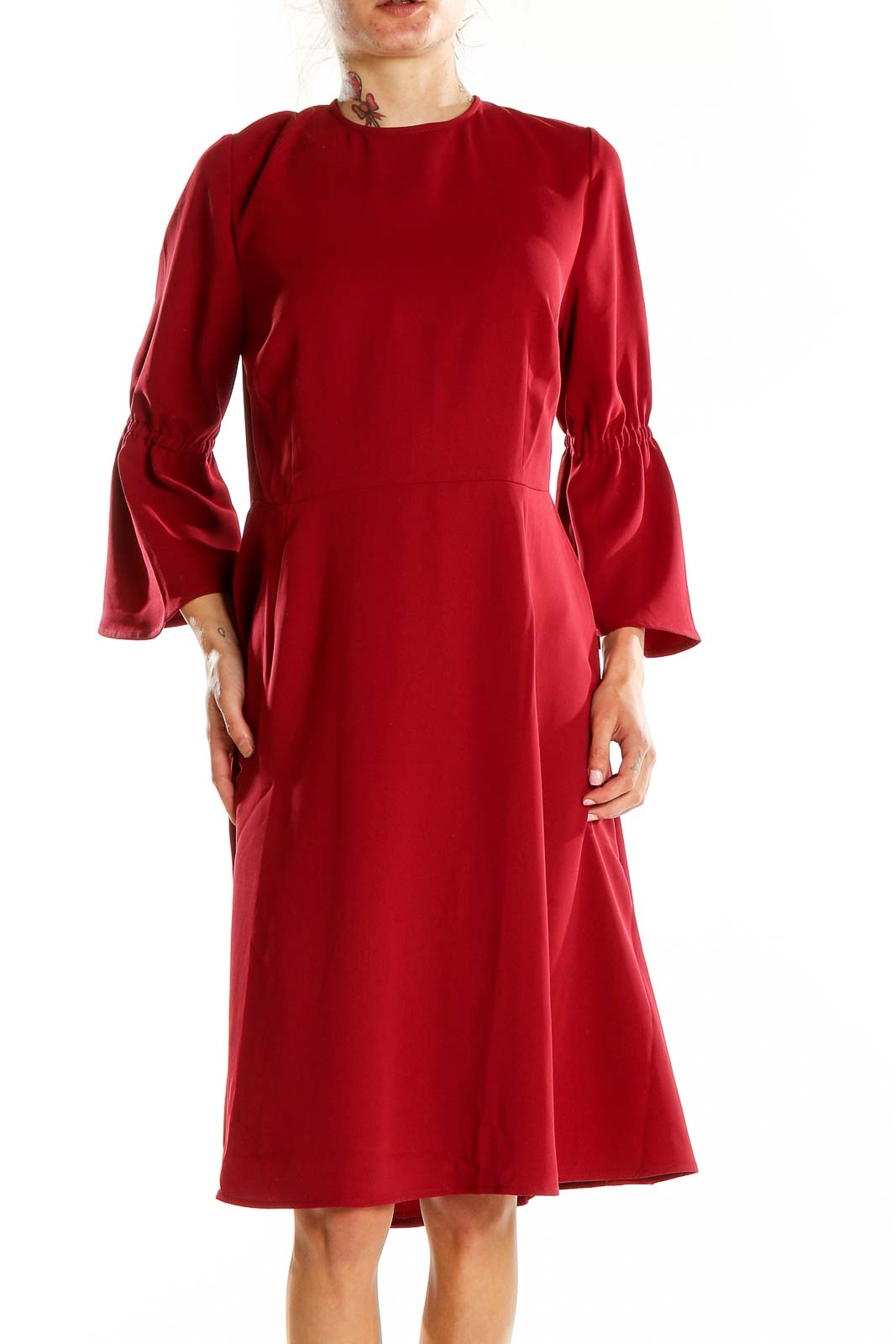 Red Bell Sleeve Flare Dress Front
