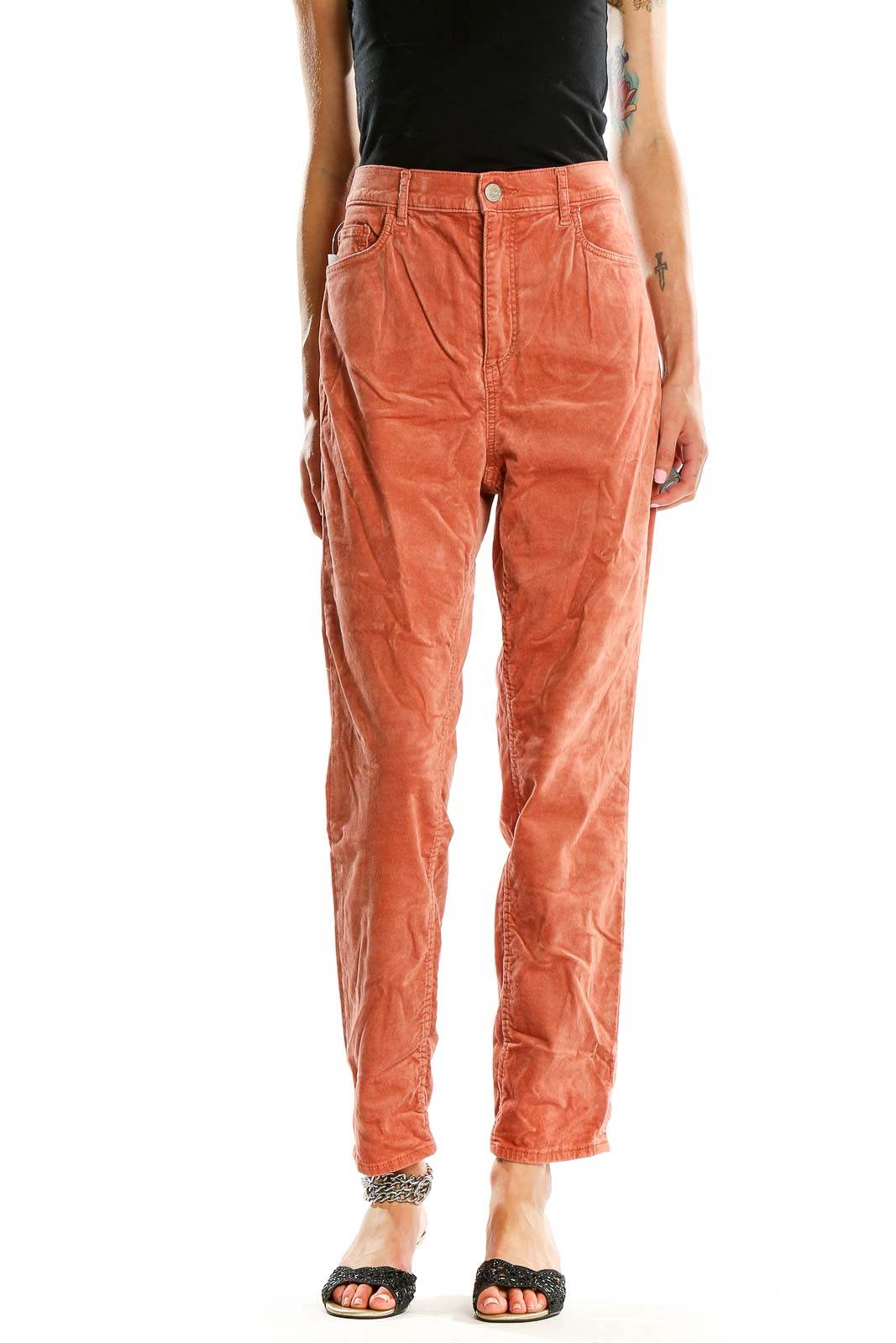 Orange Corduroy Ankle Length Pants Front