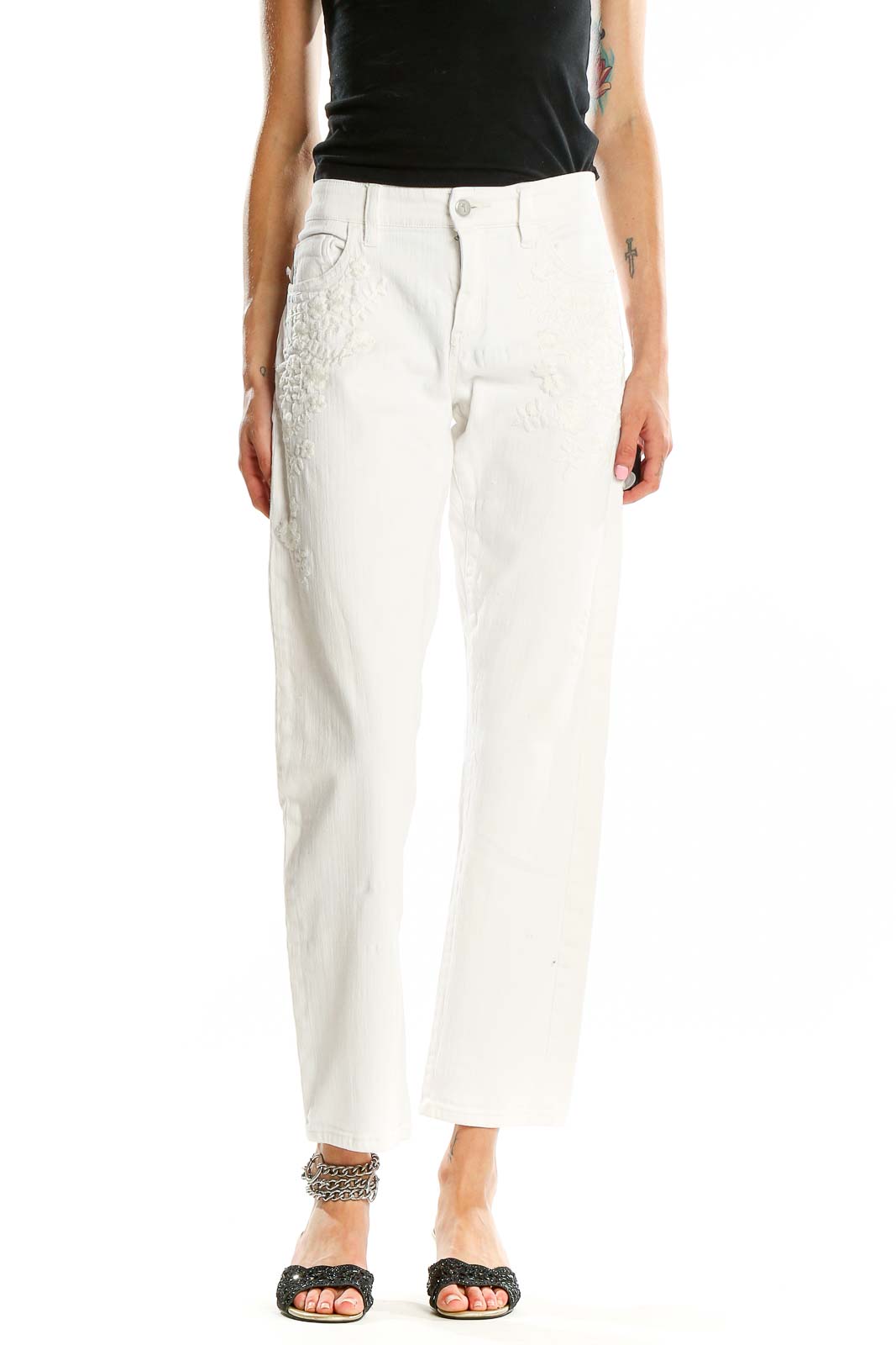 White Embroidered Boyfriend Jeans Front