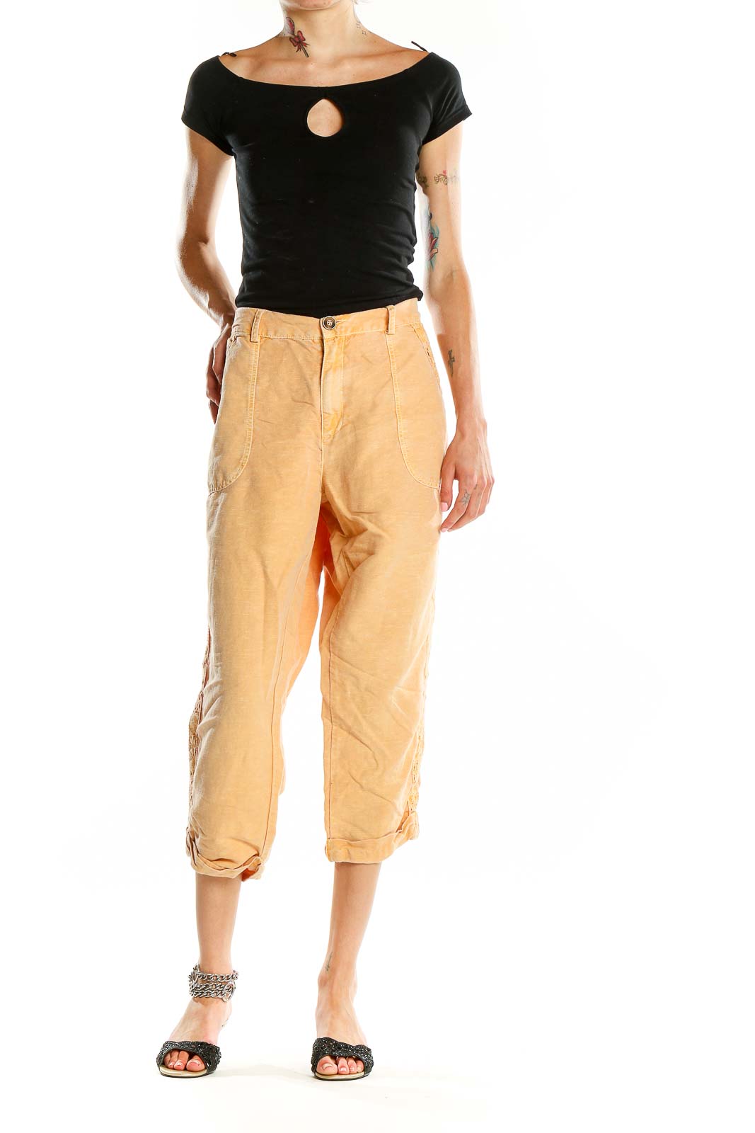 Orange Solid Casual Capri Pants