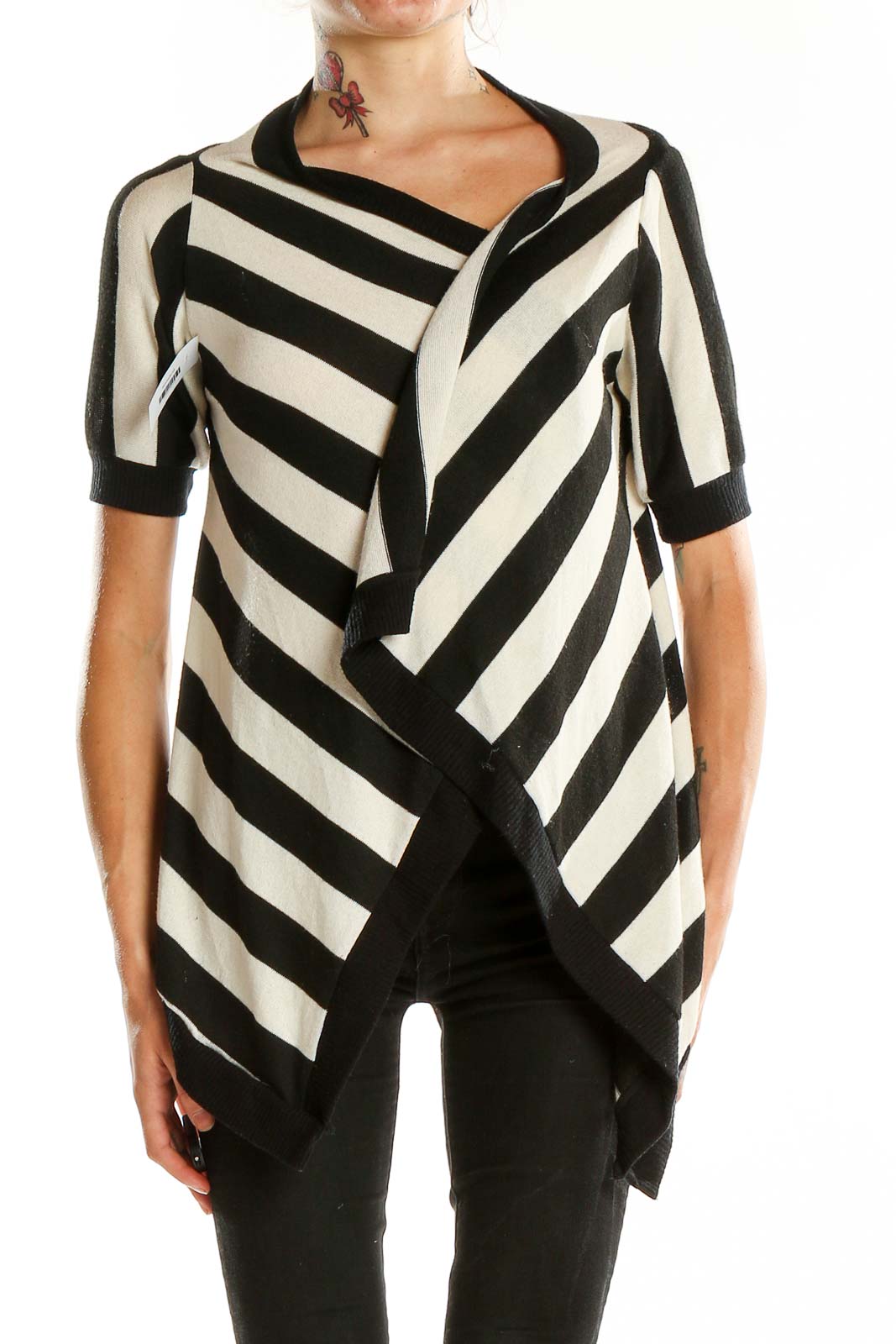 Cream Black Stripe Cardigan Front