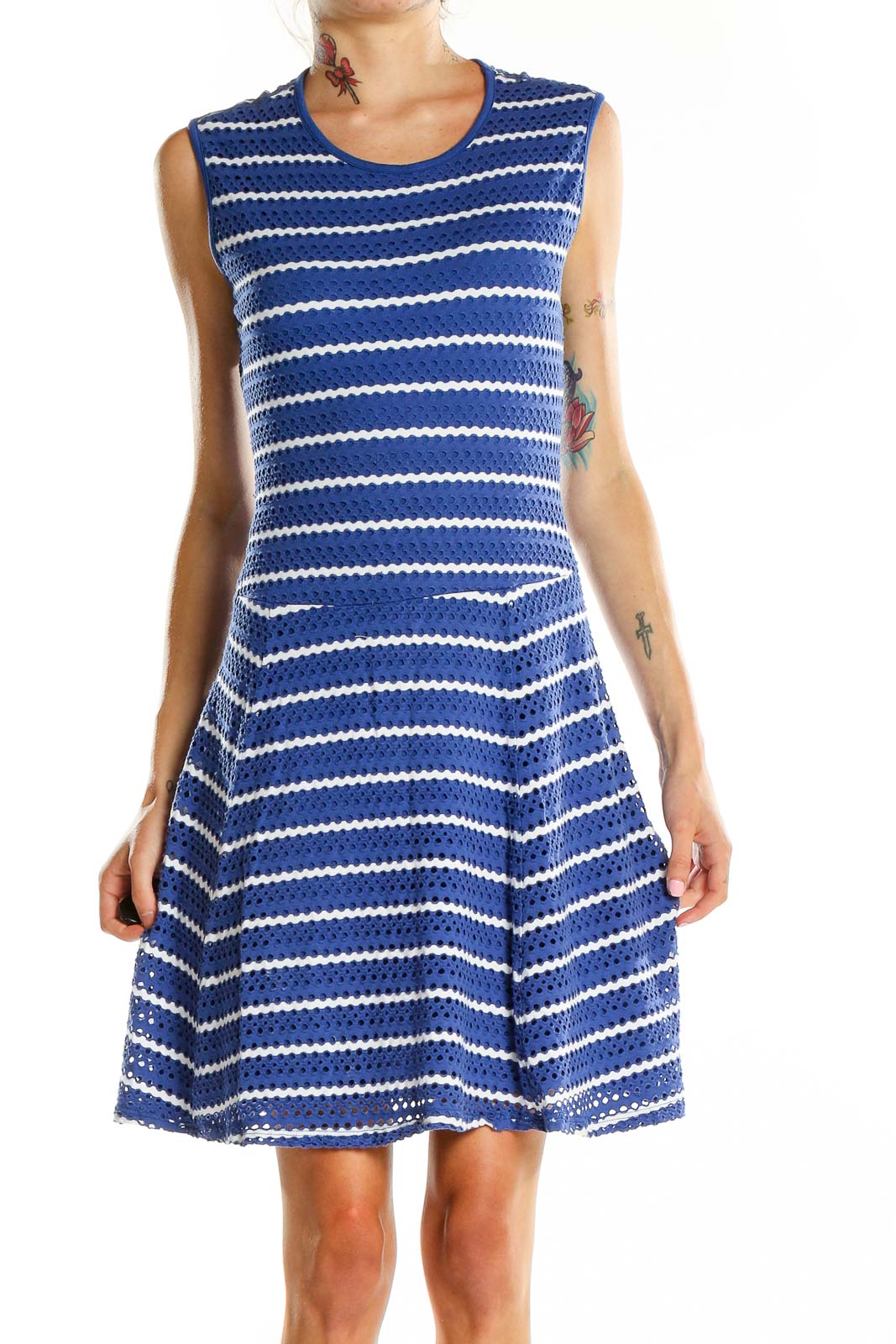 Blue White Sleeveless Striped Dress Front