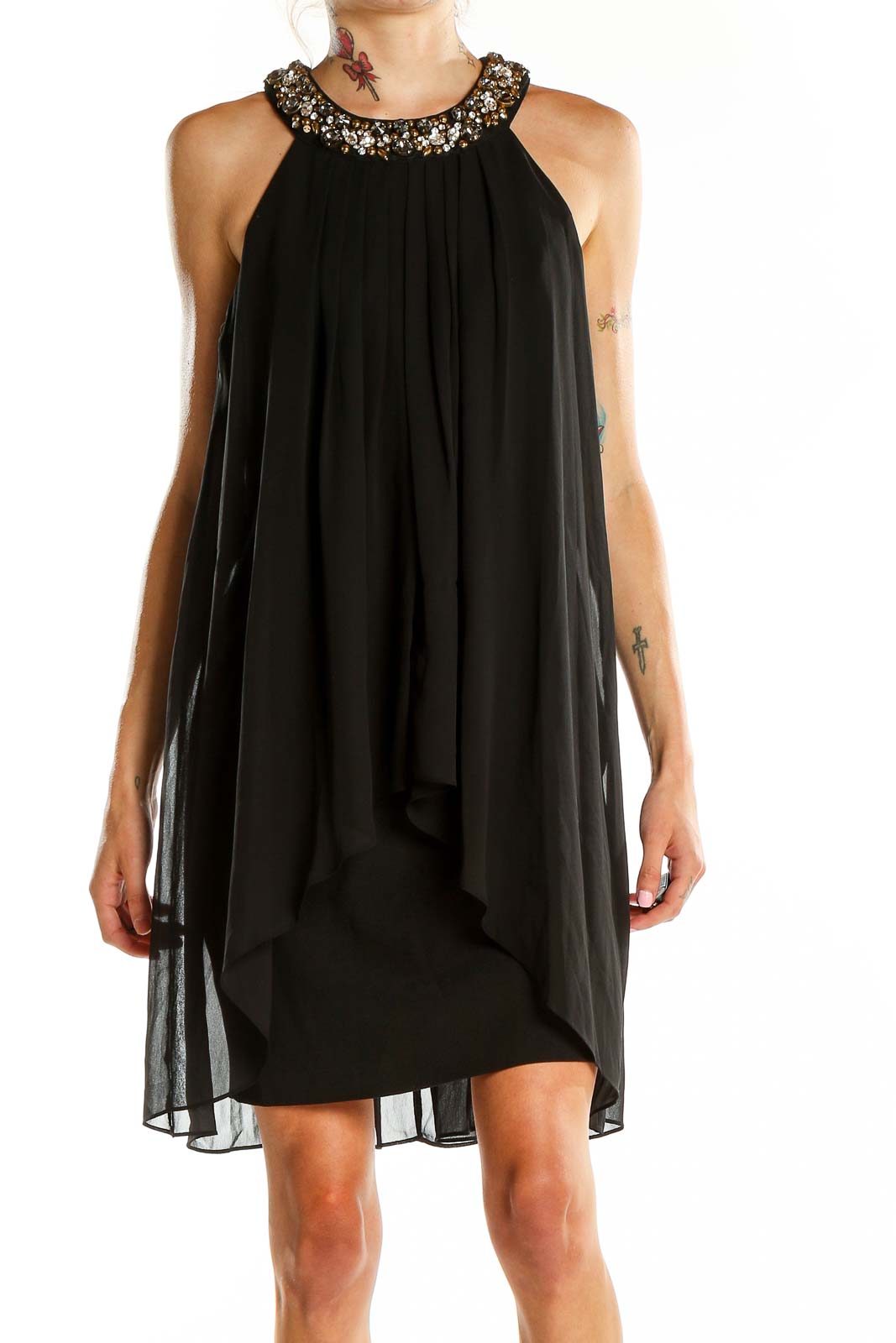 Black Embellished Halter Dress Front