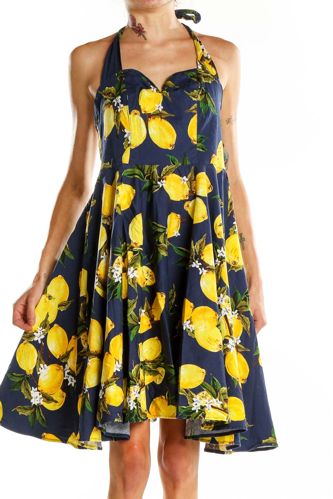 Blue Yellow Retro Lemon Print Halter Dress Front