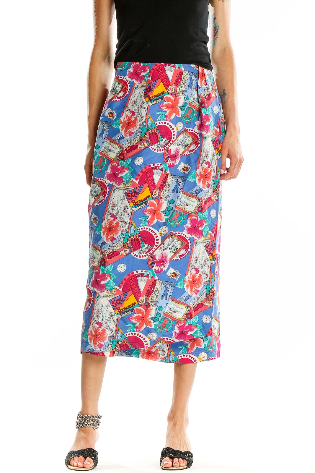 Multicolor Printed Retro Silk Midi Skirt Front
