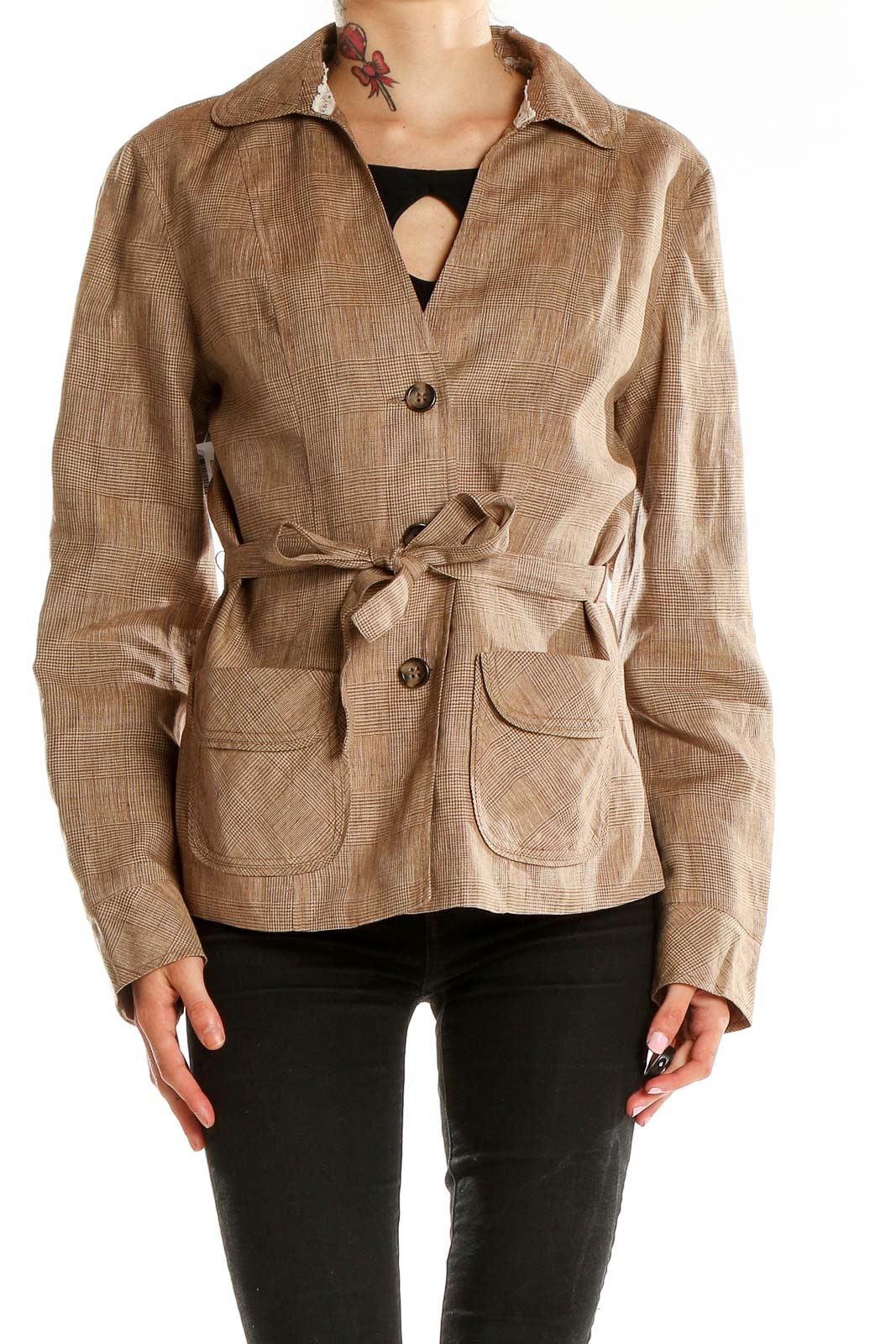 Brown Linen Checkered Jacket Front