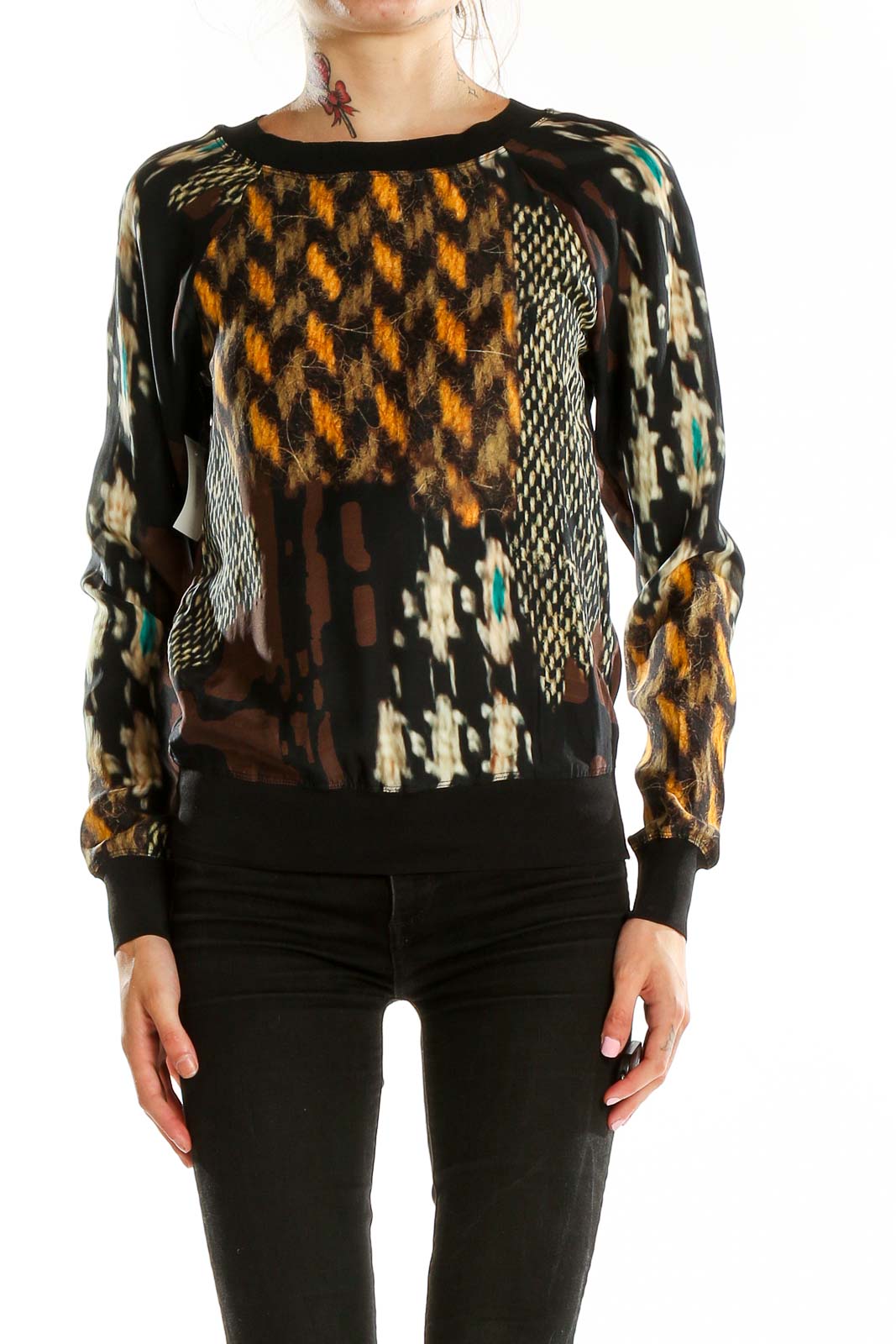 Multicolor Printed Long Sleeve Silk Top Front