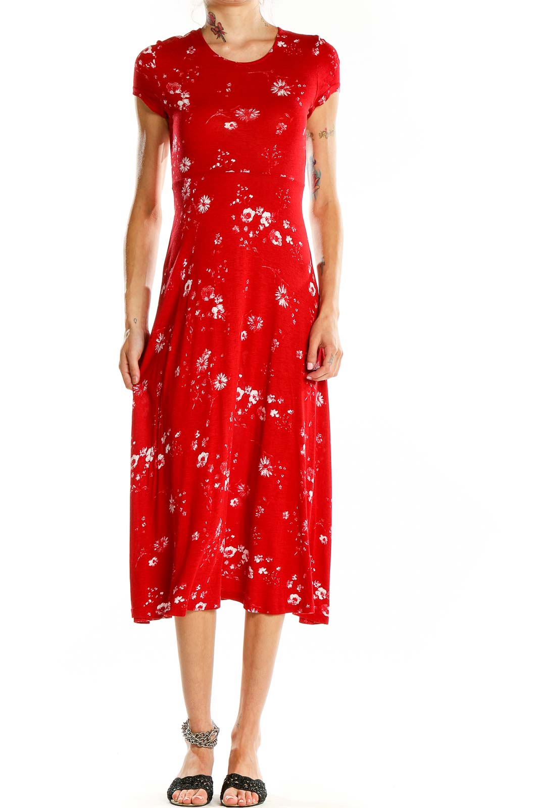 Red Shorts Sleeve Floral Print Midi Dress Front