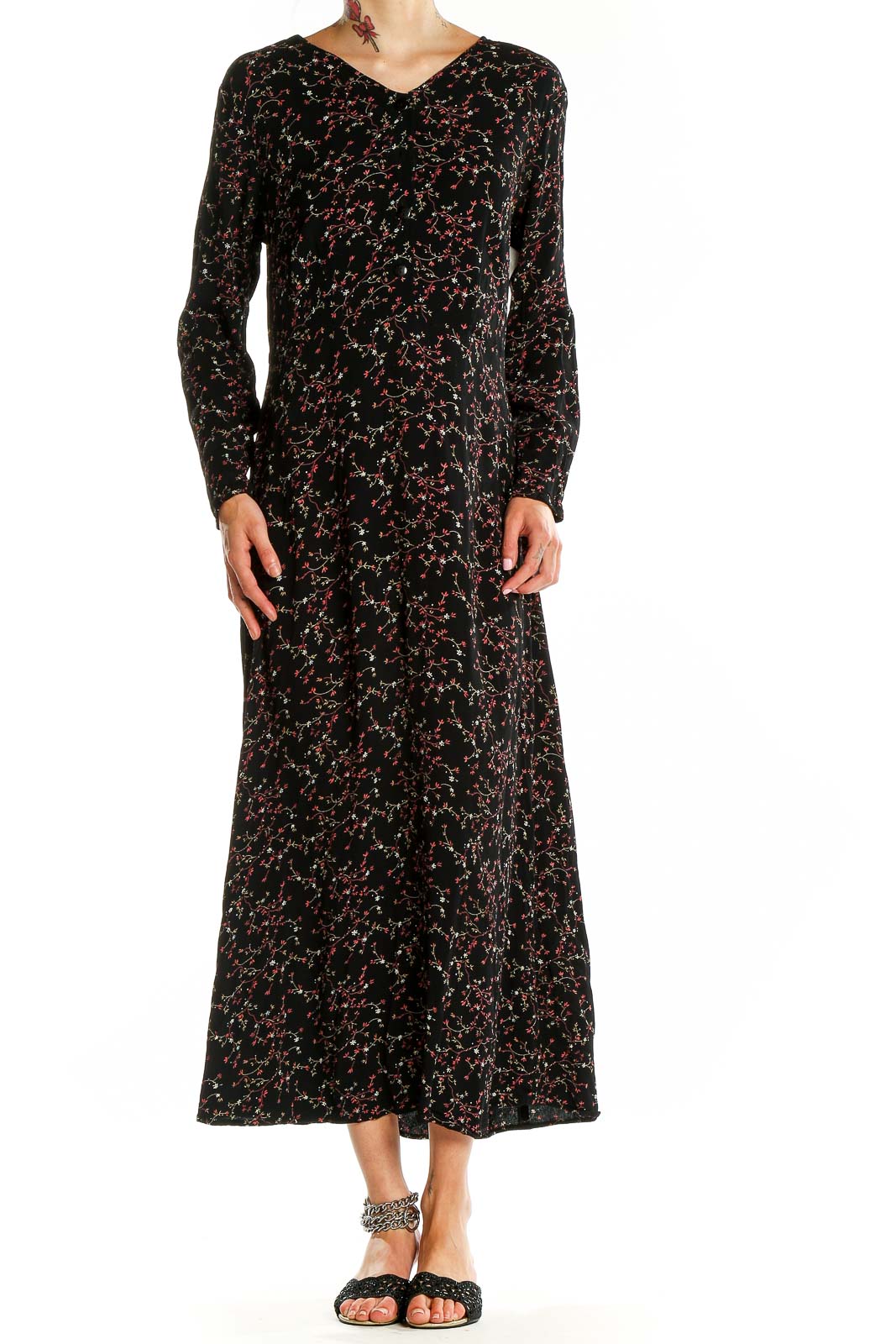 Black Long Sleeve Bohemian Floral Print Midi Dress Front