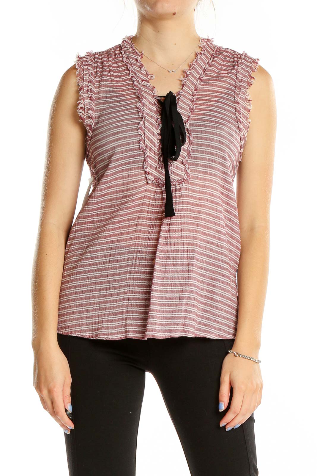 Pink White Lace Up Sleeveless Stripe Top Front