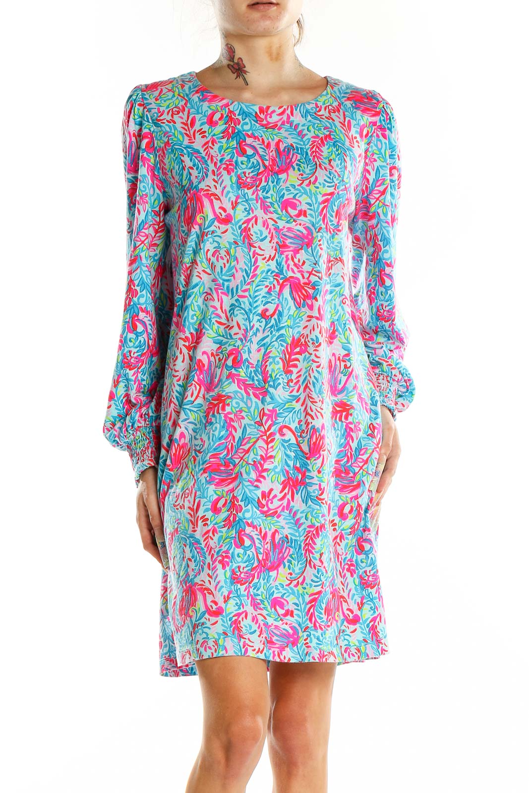 Blue Pink Long Sleeve Printed Dress Front