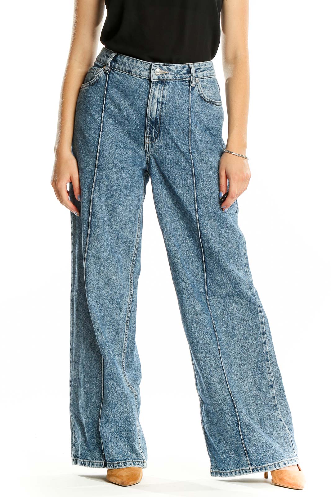 Blue Front Seam Wide Leg Full Length Jeans Front
