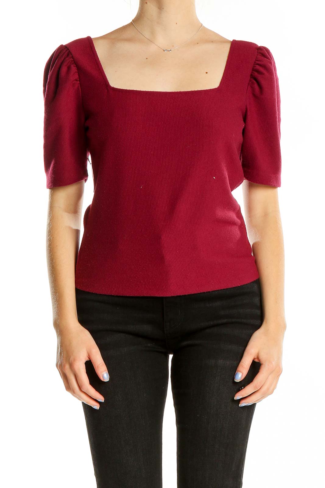 Red Square Neck Shorts Sleeve Top Front