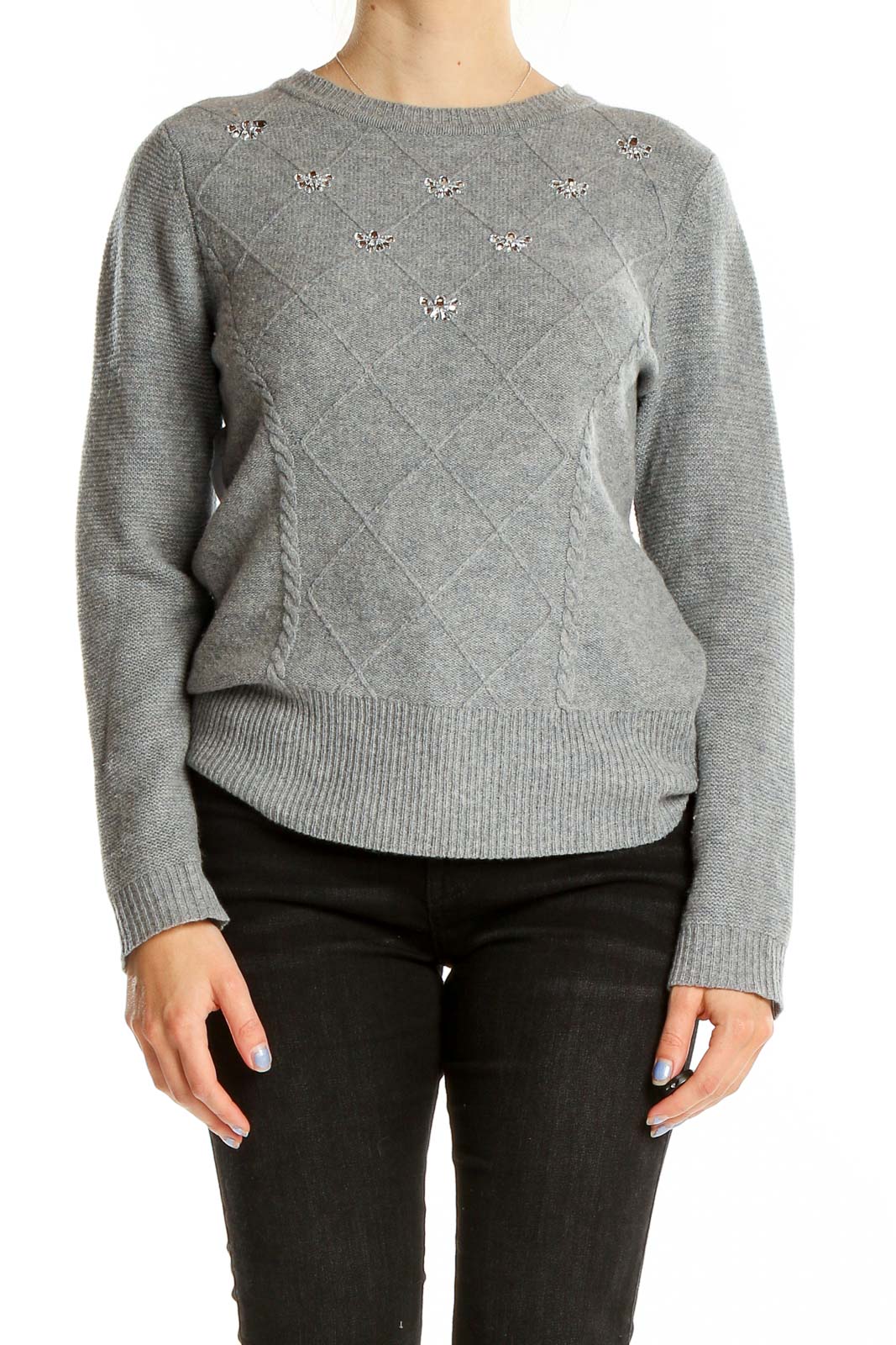 Grey Texture Embellished Sweater Front