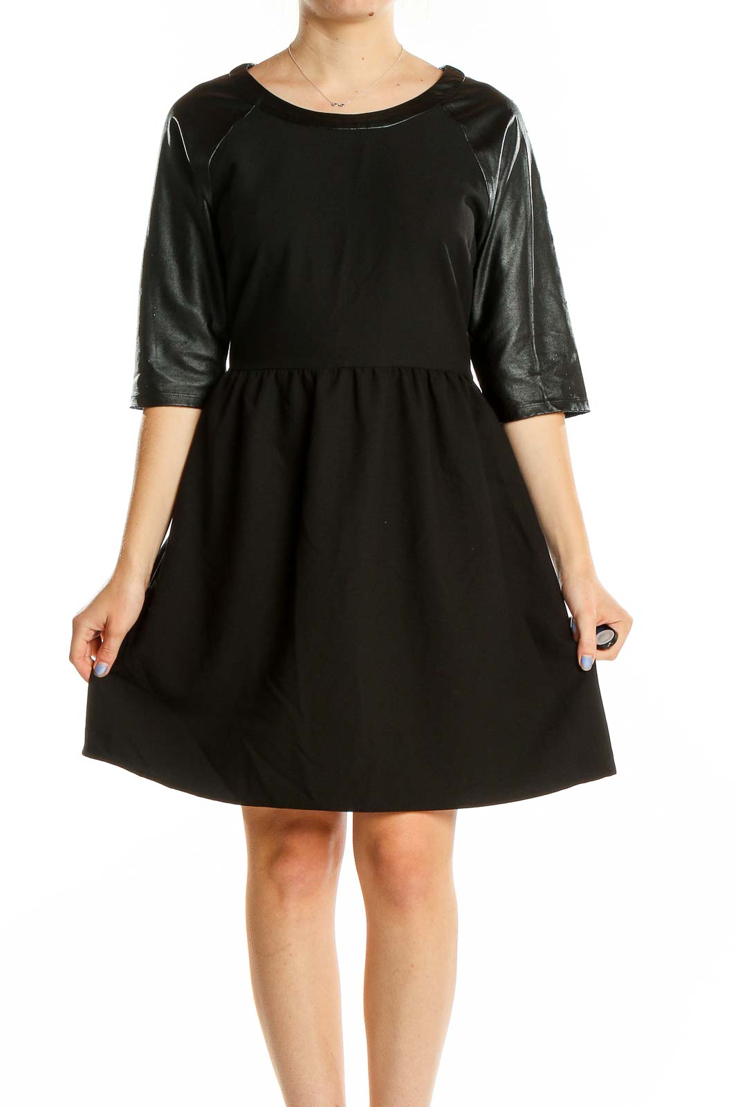 Black Flare Leather Sleeve Dress Front