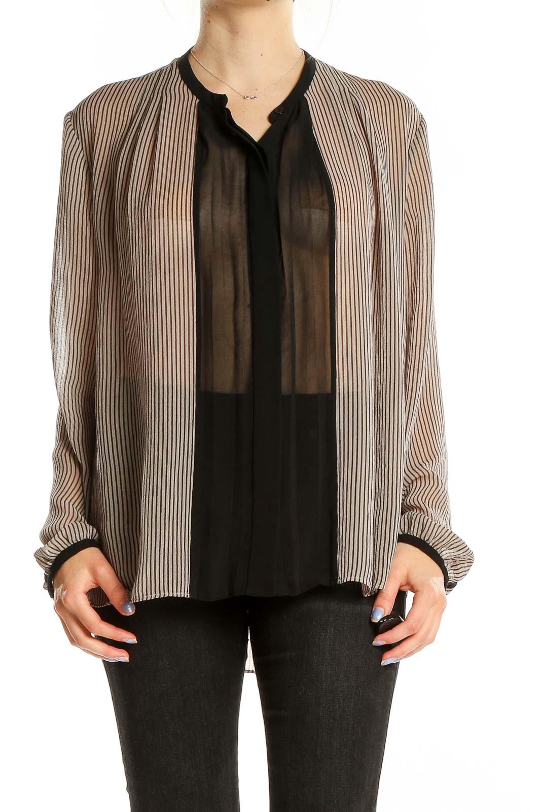 Black Brown Long Sleeve Colorblock Blouse Front