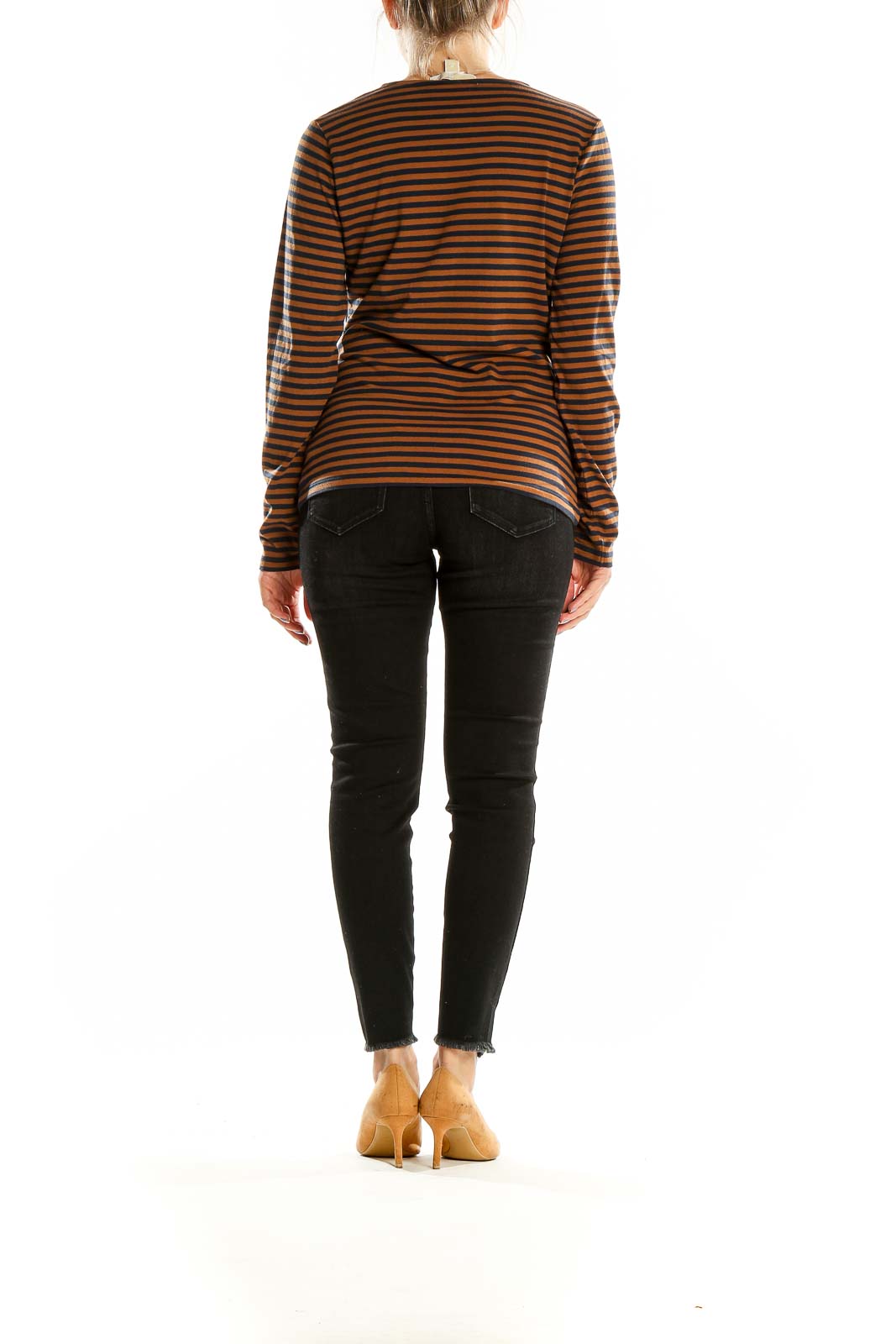 MICHAEL Michael Kors - Brown Black Long Sleeve Striped Top Cotton Spandex