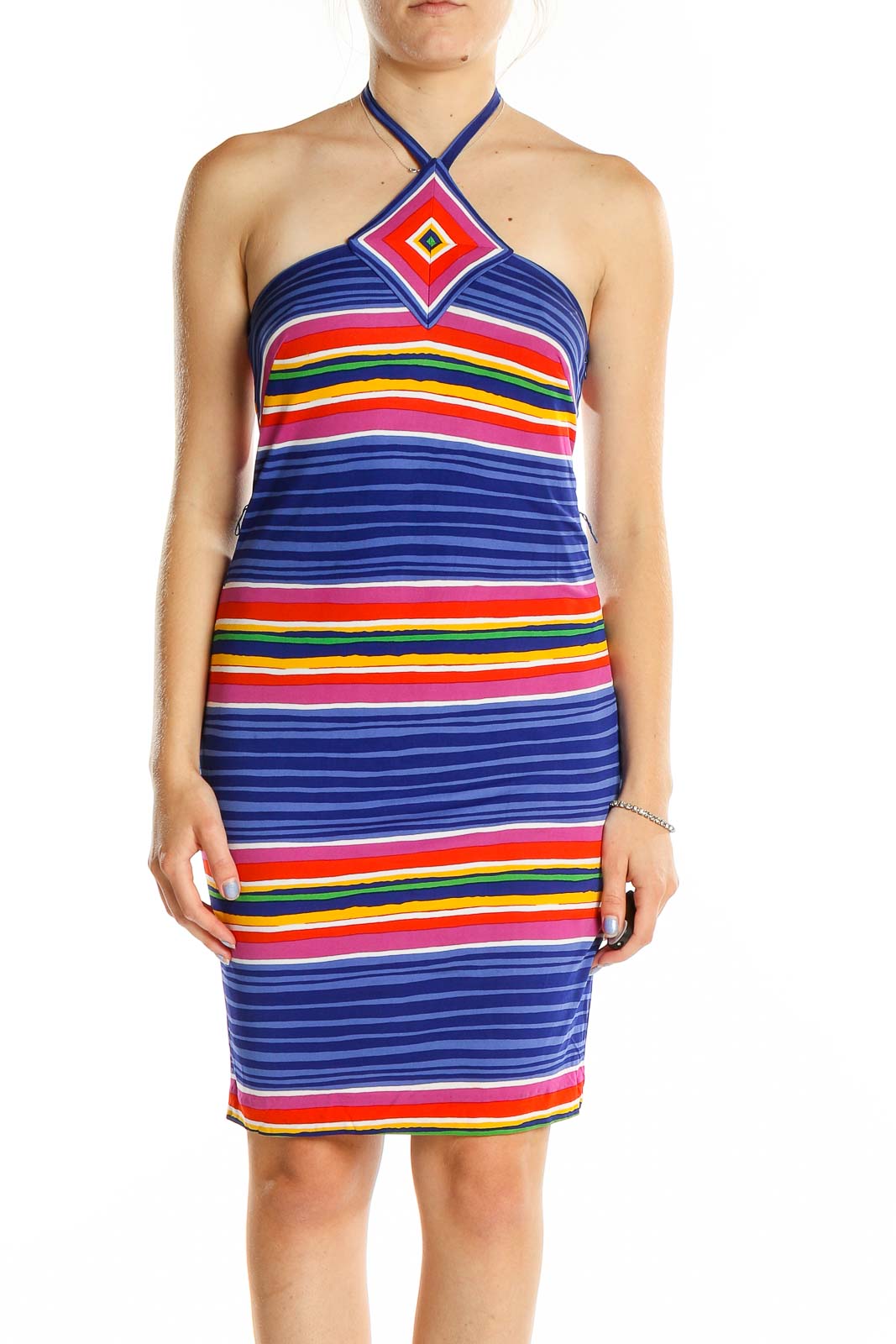 Multicolor Halter Striped Dress Front
