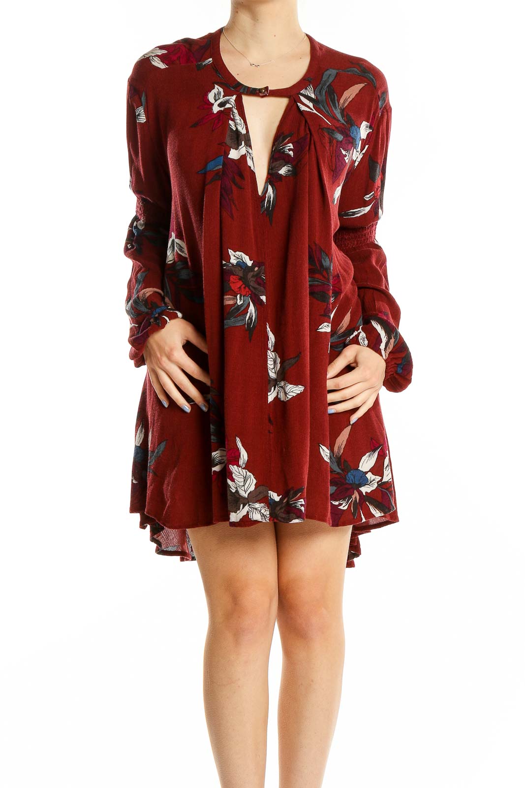 Red Long Sleeve Floral Keyhole Dress Front