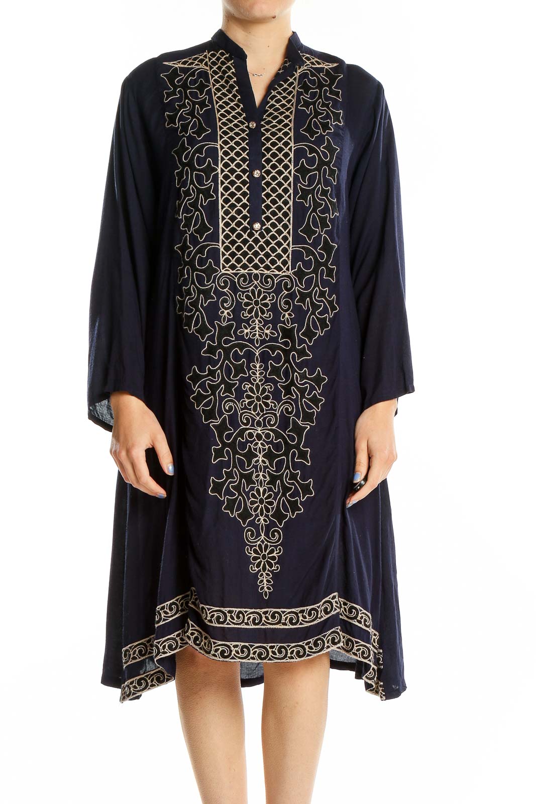 Blue Gold Embroidered Shift Dres Front