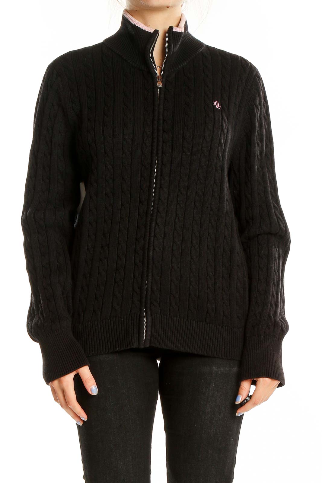 Black Cable Knit Zip Up Sweater Front