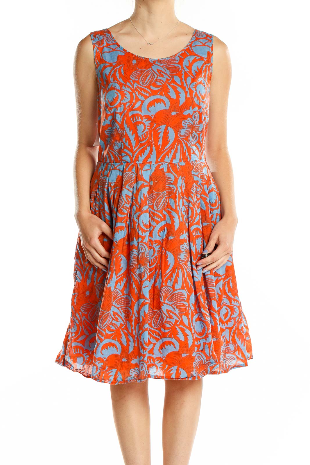 Orange Blue Printed Flare Dress Front