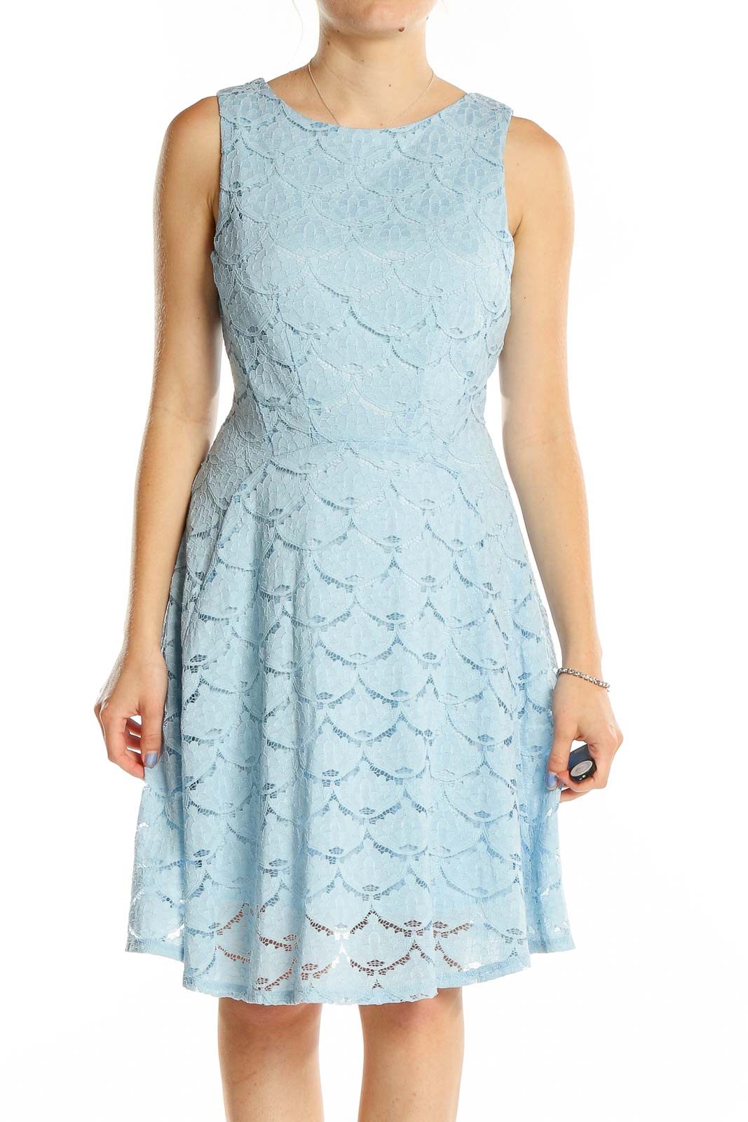 Blue Lace Flare Dress Front