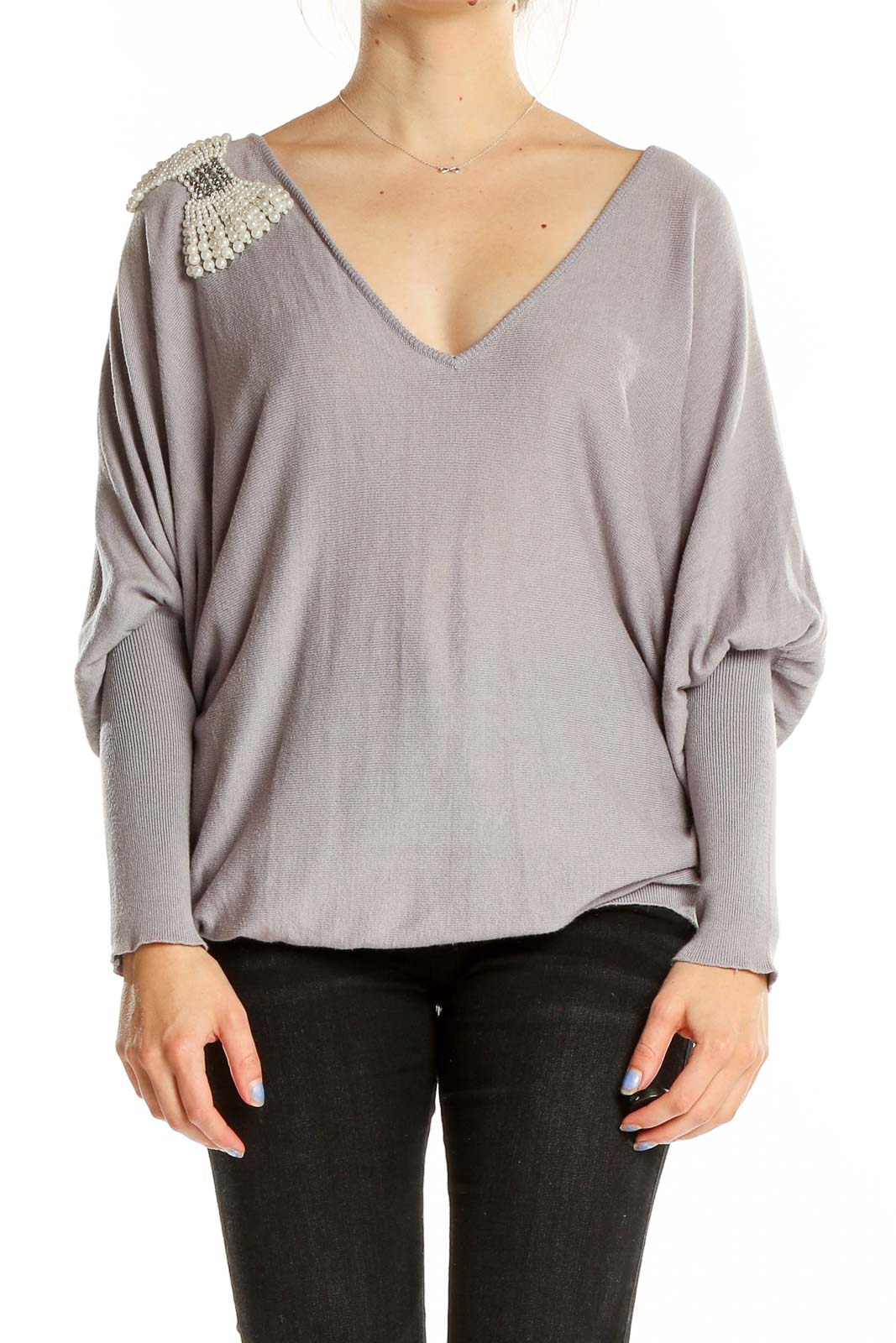 Grey V Neck Long Sleeve Embellished Sweater Front