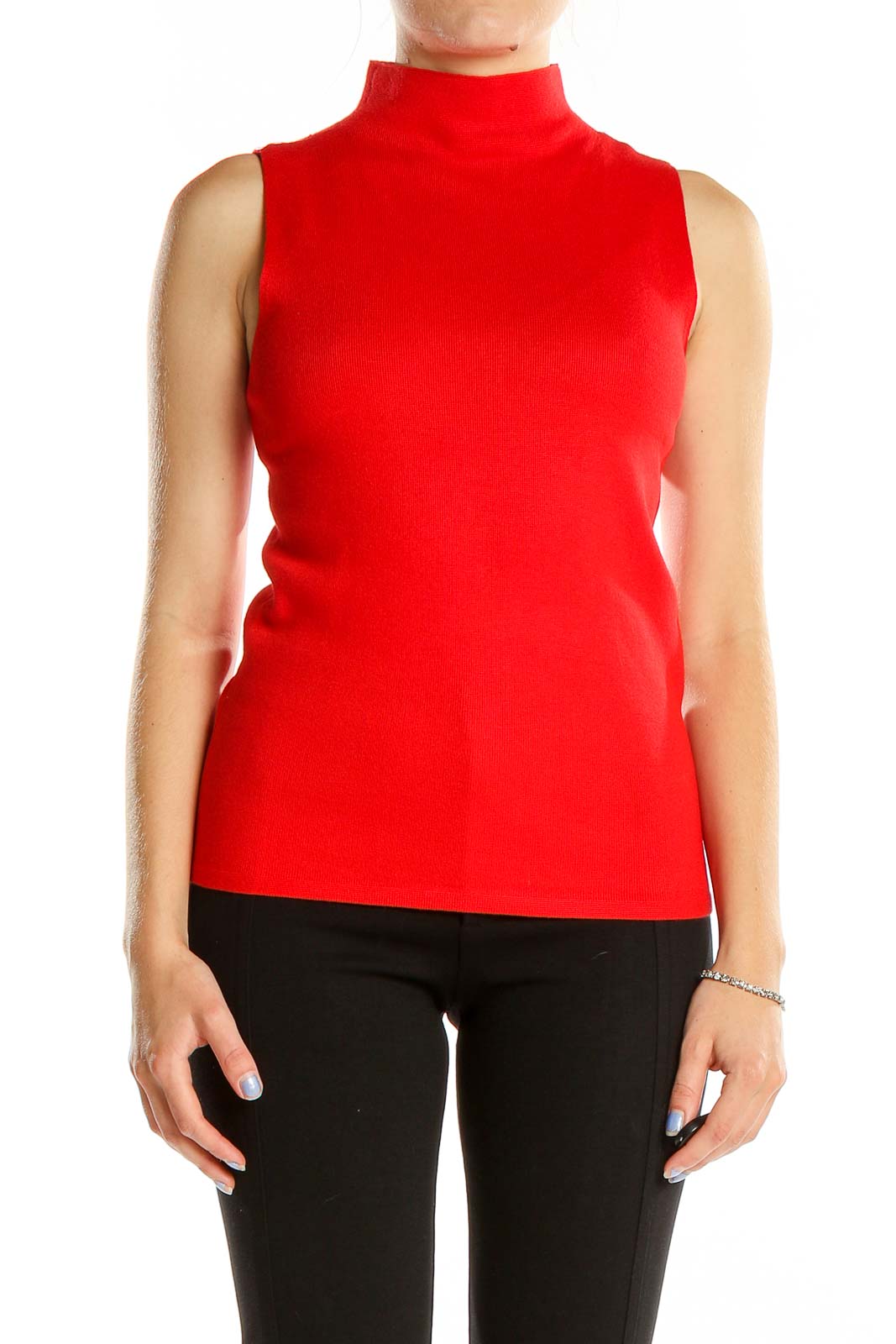 Red Sleeveless Mock Neck Sweater Front