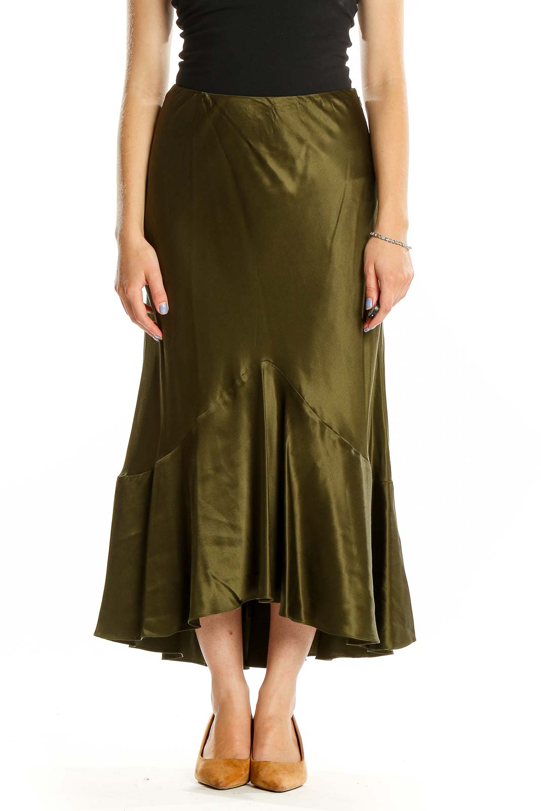Green Midi Silk Skirt Front